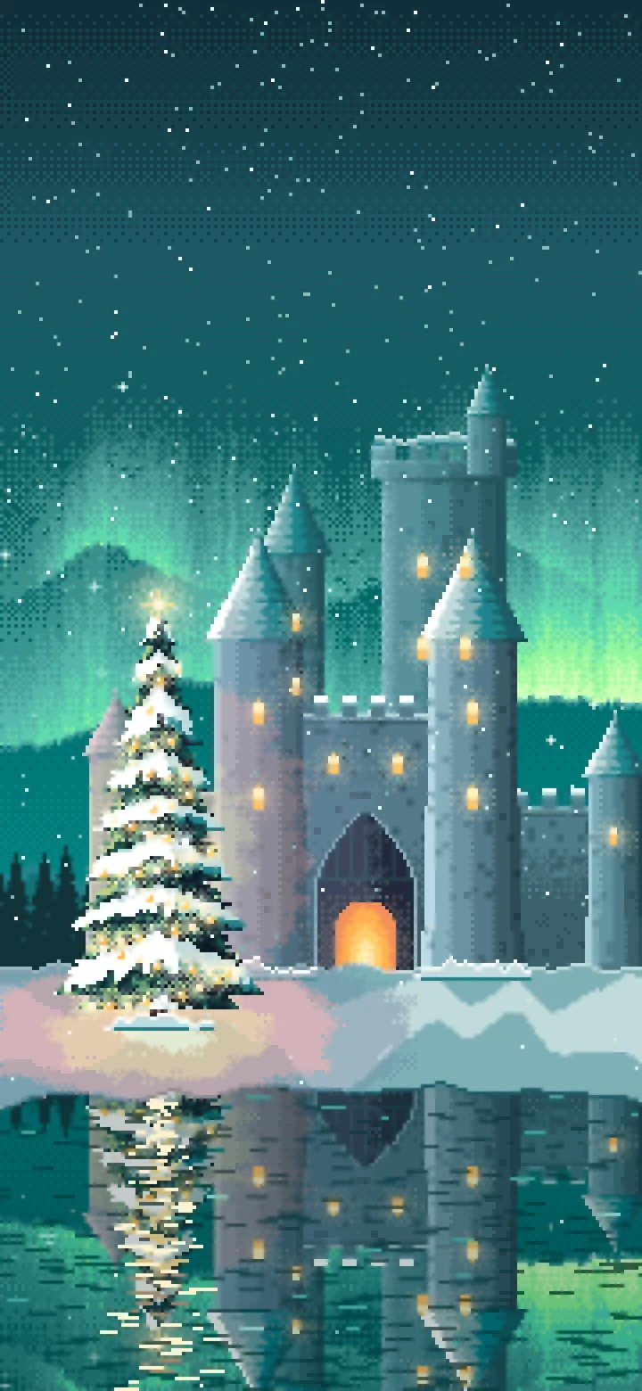 Teal Pixel Art Christmas Tree at a Fantasy Castle Gate wallpaper for iPhone and Android