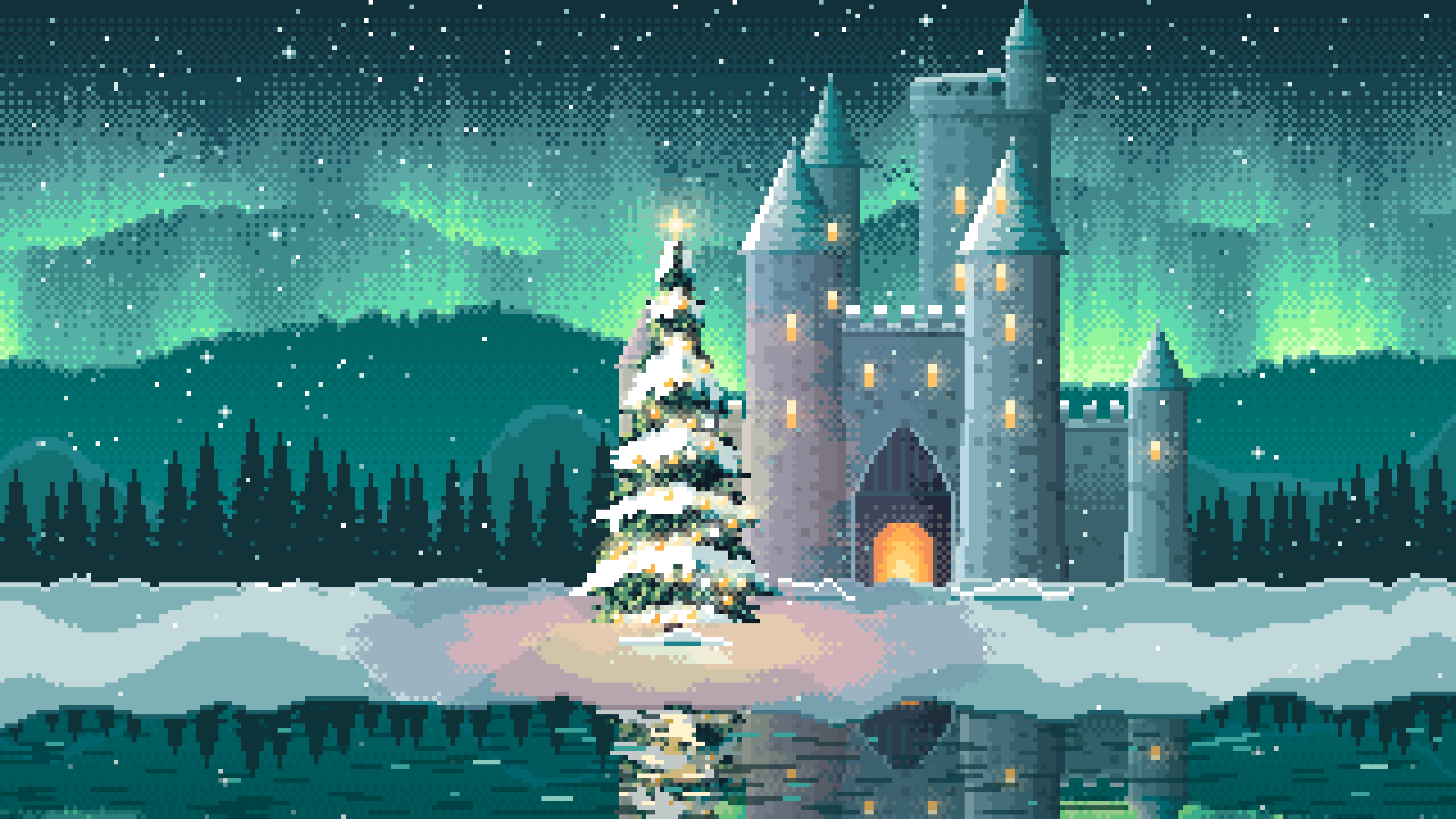 Teal Pixel Art Christmas Tree at a Fantasy Castle Gate desktop wallpaper in 4K