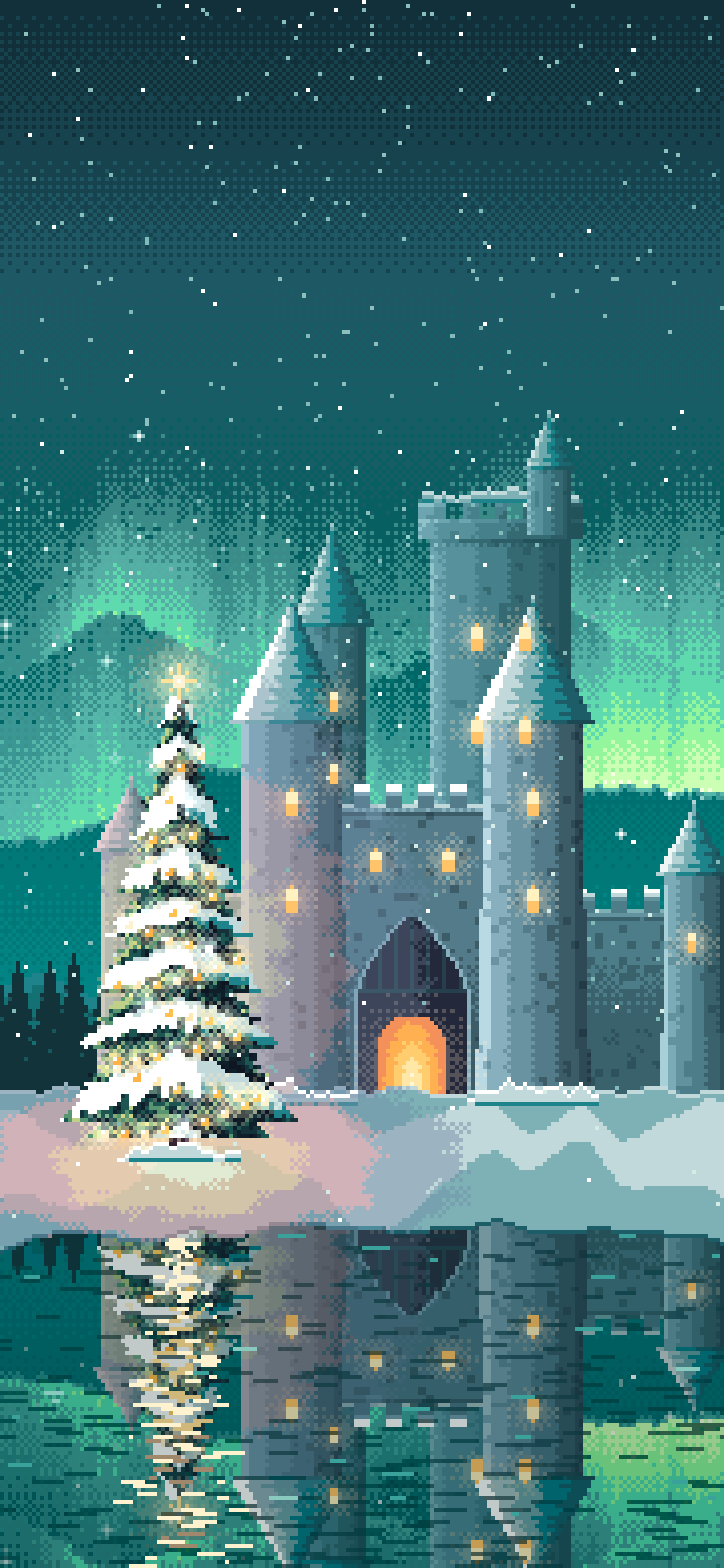 Teal Pixel Art Christmas Tree at a Fantasy Castle Gate wallpaper for iPhone and Android