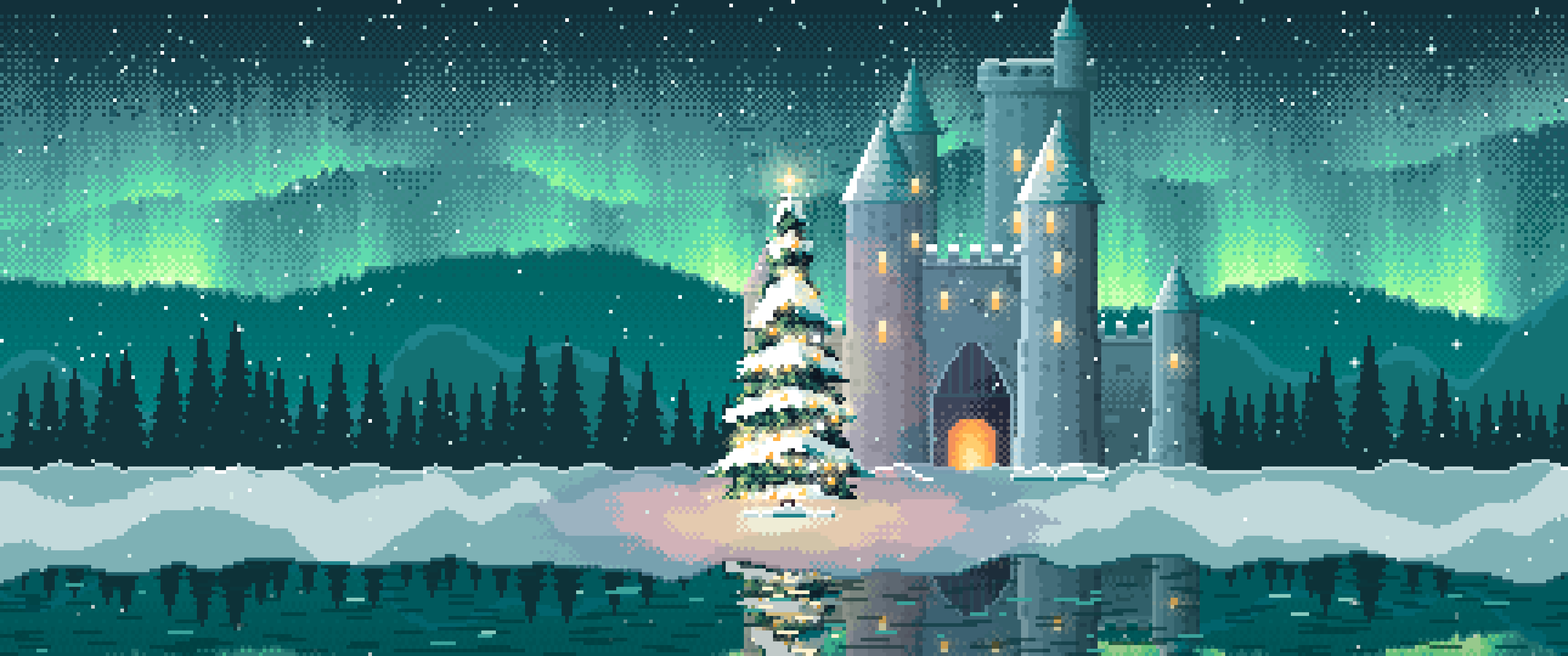 Teal Pixel Art Christmas Tree at a Fantasy Castle Gate ultrawide wallpaper, 3440 × 1440
