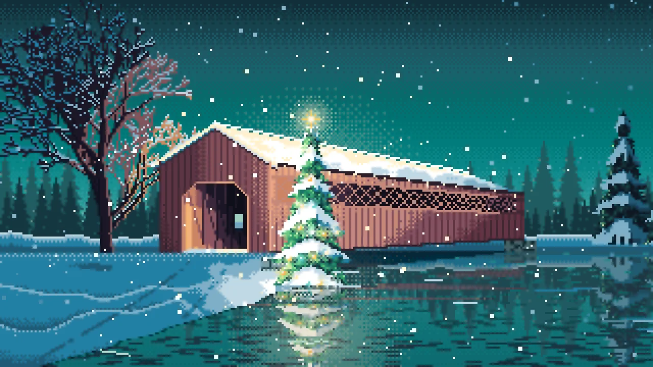 Teal Pixel Art Christmas Tree at a Snowy Covered Bridge desktop wallpaper in 4K