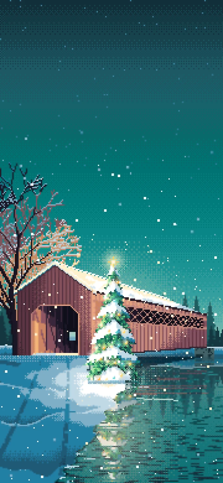 Teal Pixel Art Christmas Tree at a Snowy Covered Bridge wallpaper for iPhone and Android