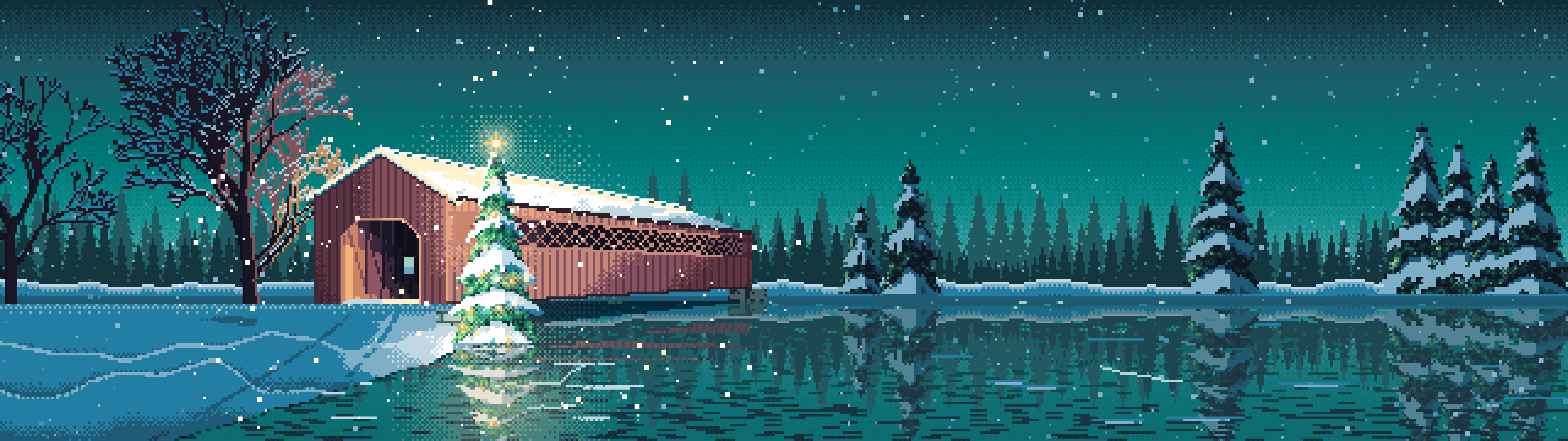 Teal Pixel Art Christmas Tree at a Snowy Covered Bridge dual monitor wallpaper, 7680 × 2160