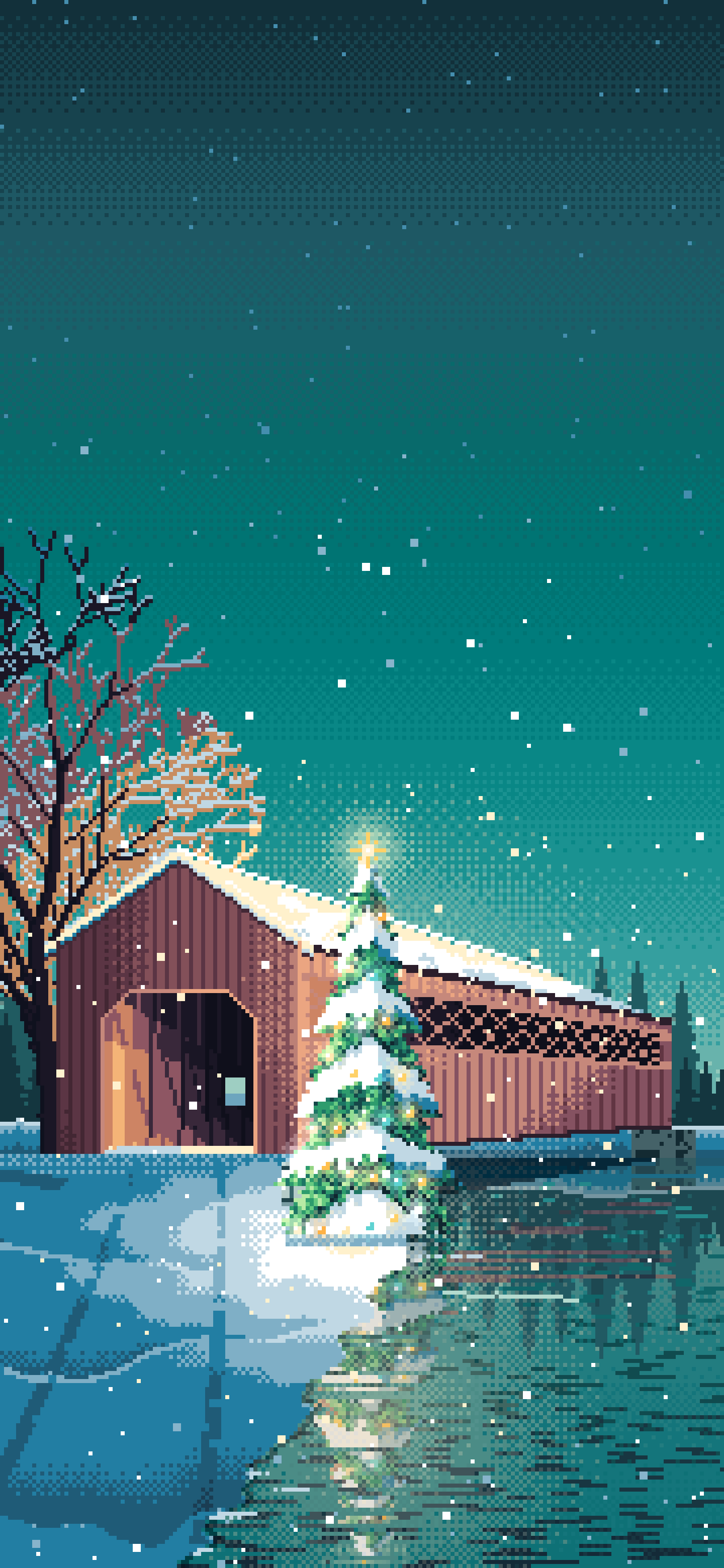 Teal Pixel Art Christmas Tree at a Snowy Covered Bridge wallpaper for iPhone and Android