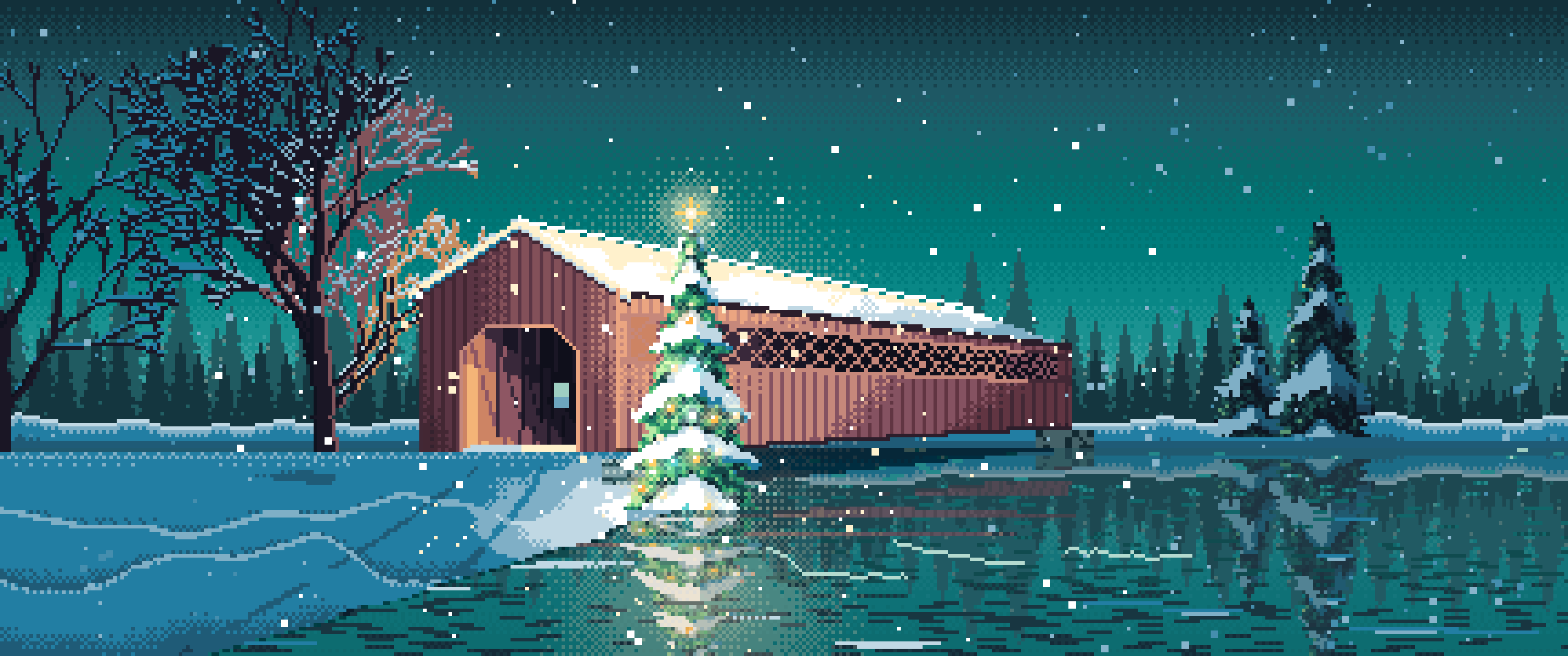 Teal Pixel Art Christmas Tree at a Snowy Covered Bridge ultrawide wallpaper, 3440 × 1440