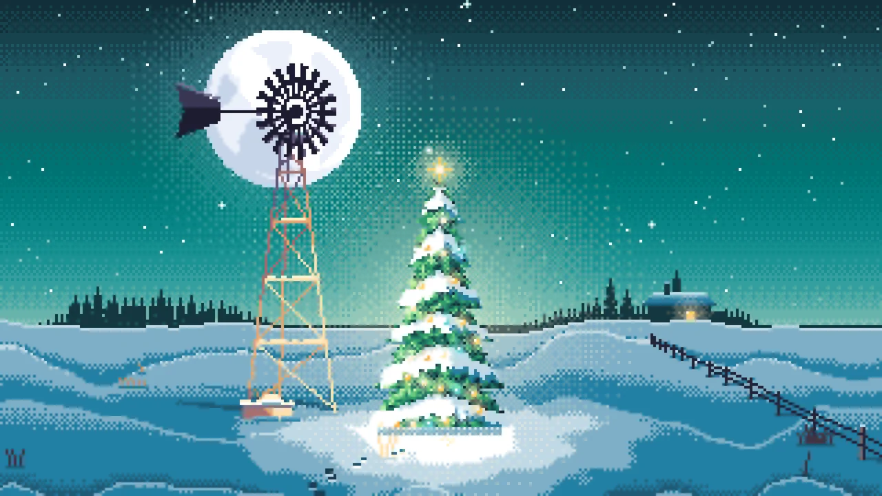 Teal Pixel Art Christmas Tree by a Farm Windmill desktop wallpaper in 4K
