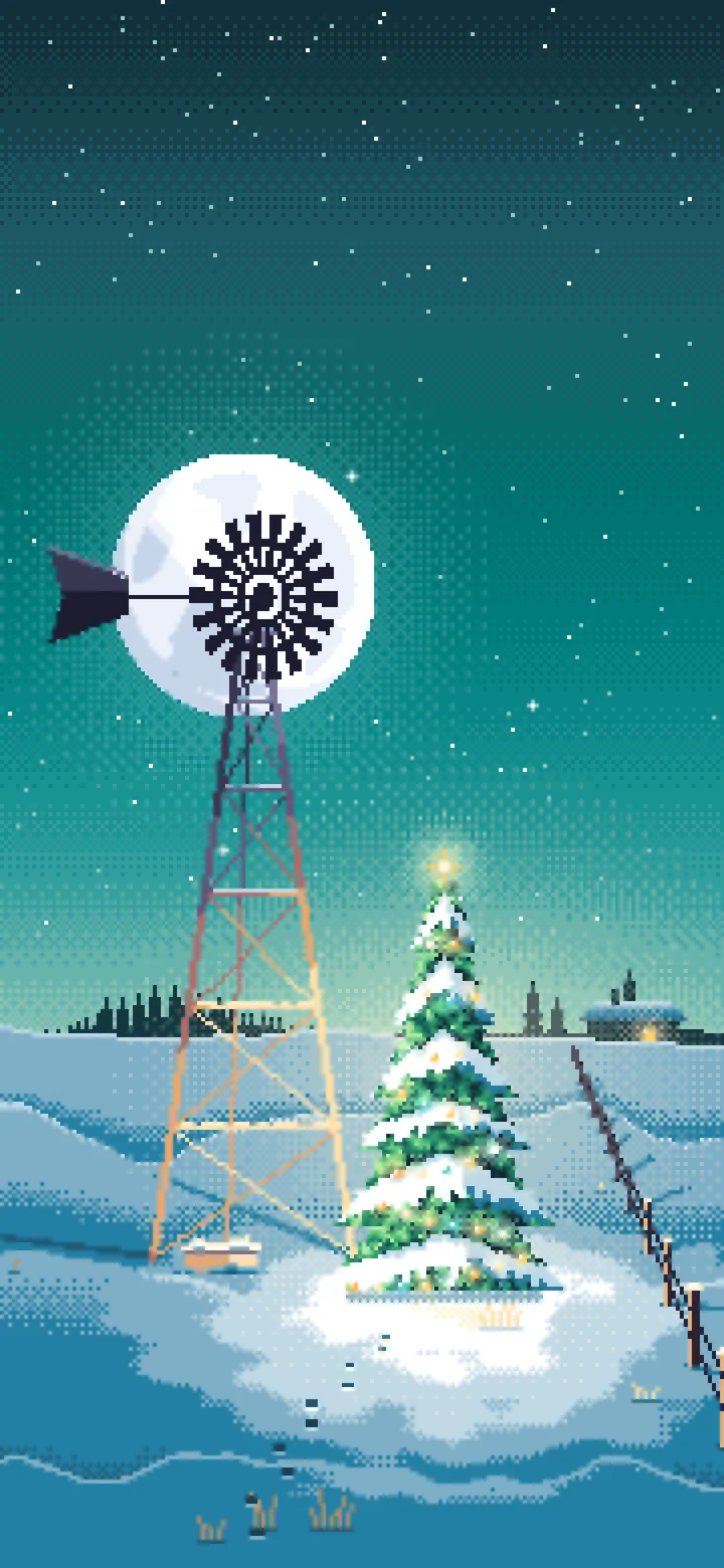 Teal Pixel Art Christmas Tree by a Farm Windmill wallpaper for iPhone and Android