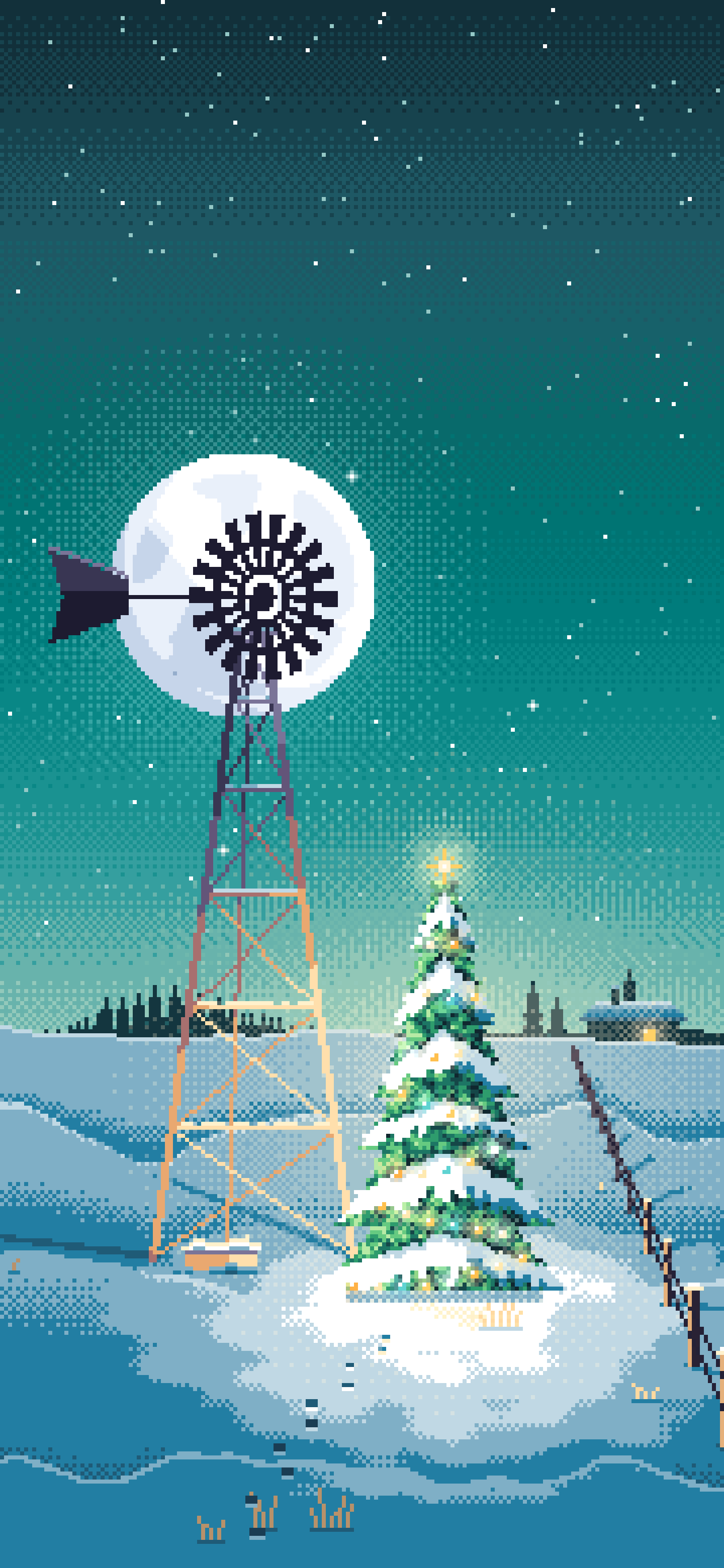 Teal Pixel Art Christmas Tree by a Farm Windmill wallpaper for iPhone and Android