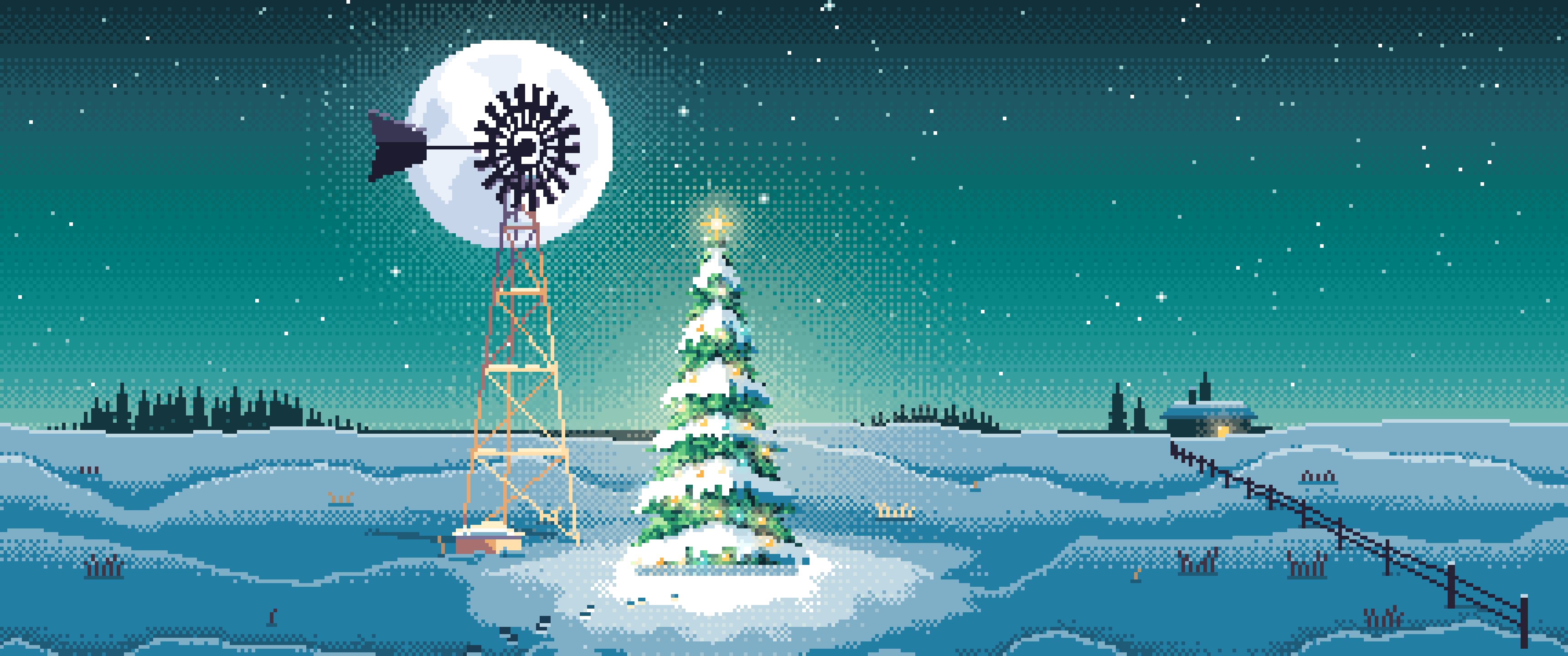Teal Pixel Art Christmas Tree by a Farm Windmill ultrawide wallpaper, 3440 × 1440