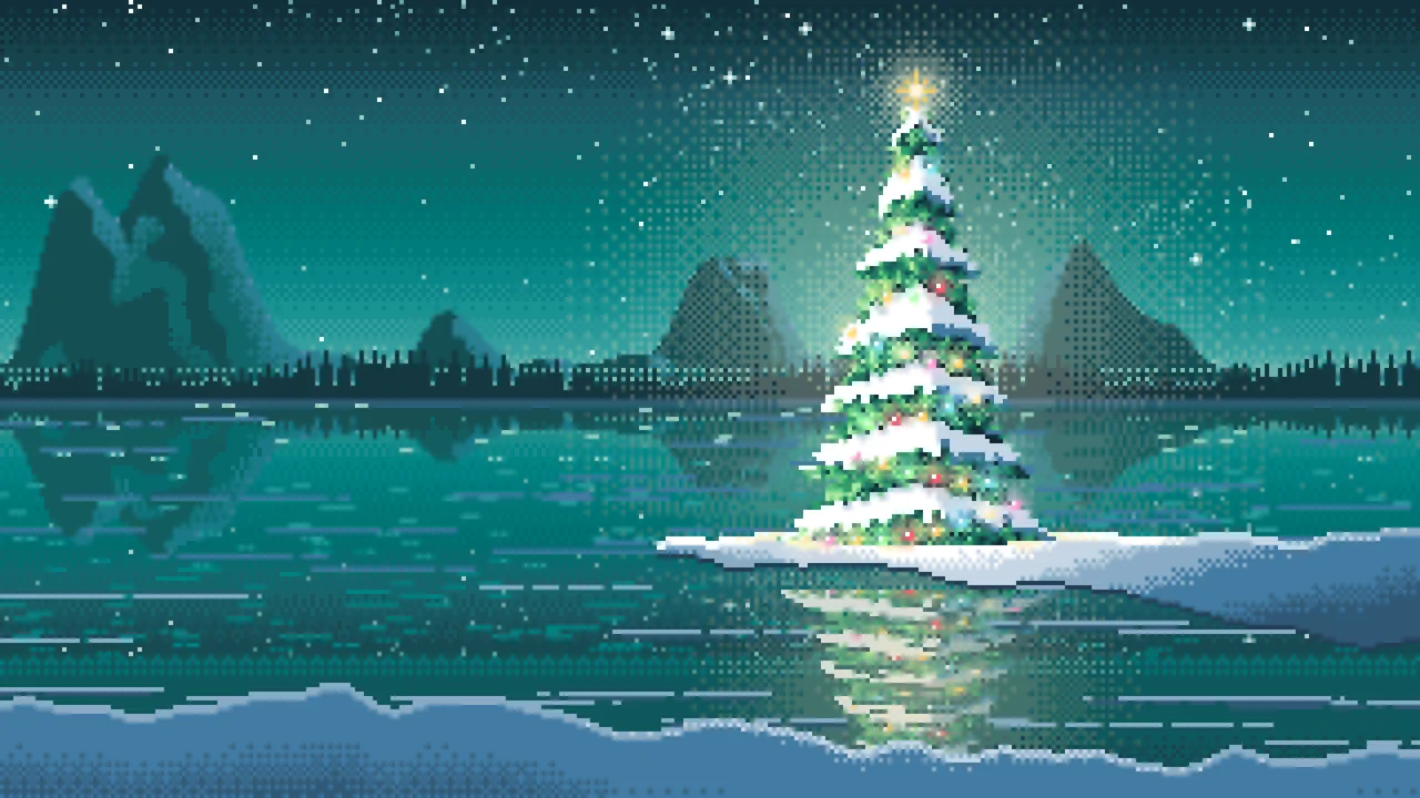 Teal Pixel Art Christmas Tree by a Frozen Lake desktop wallpaper in 4K