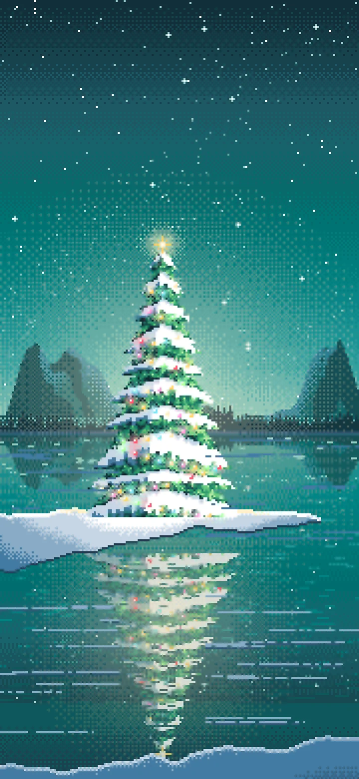 Teal Pixel Art Christmas Tree by a Frozen Lake wallpaper for iPhone and Android