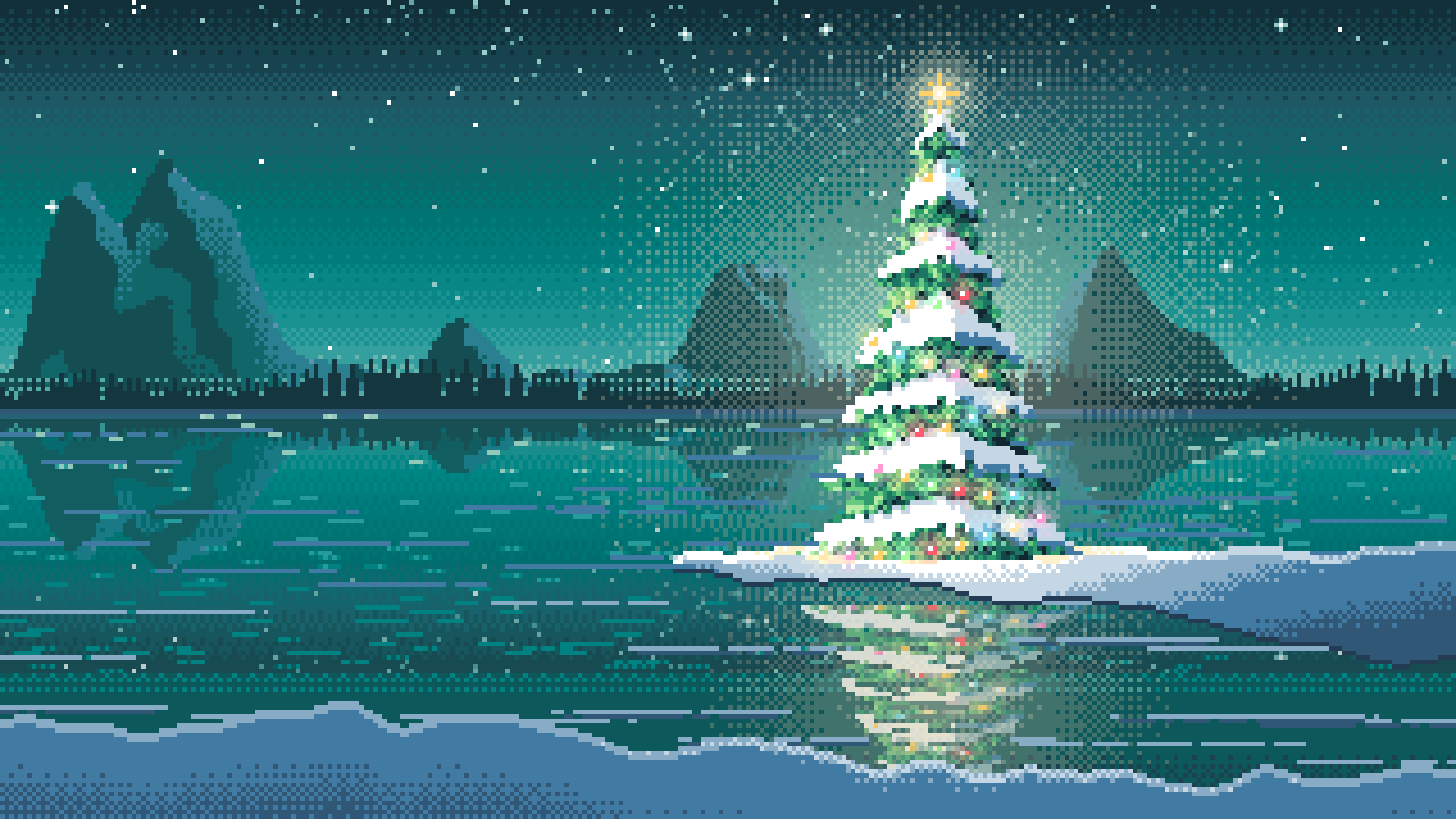 Teal Pixel Art Christmas Tree by a Frozen Lake desktop wallpaper in 4K