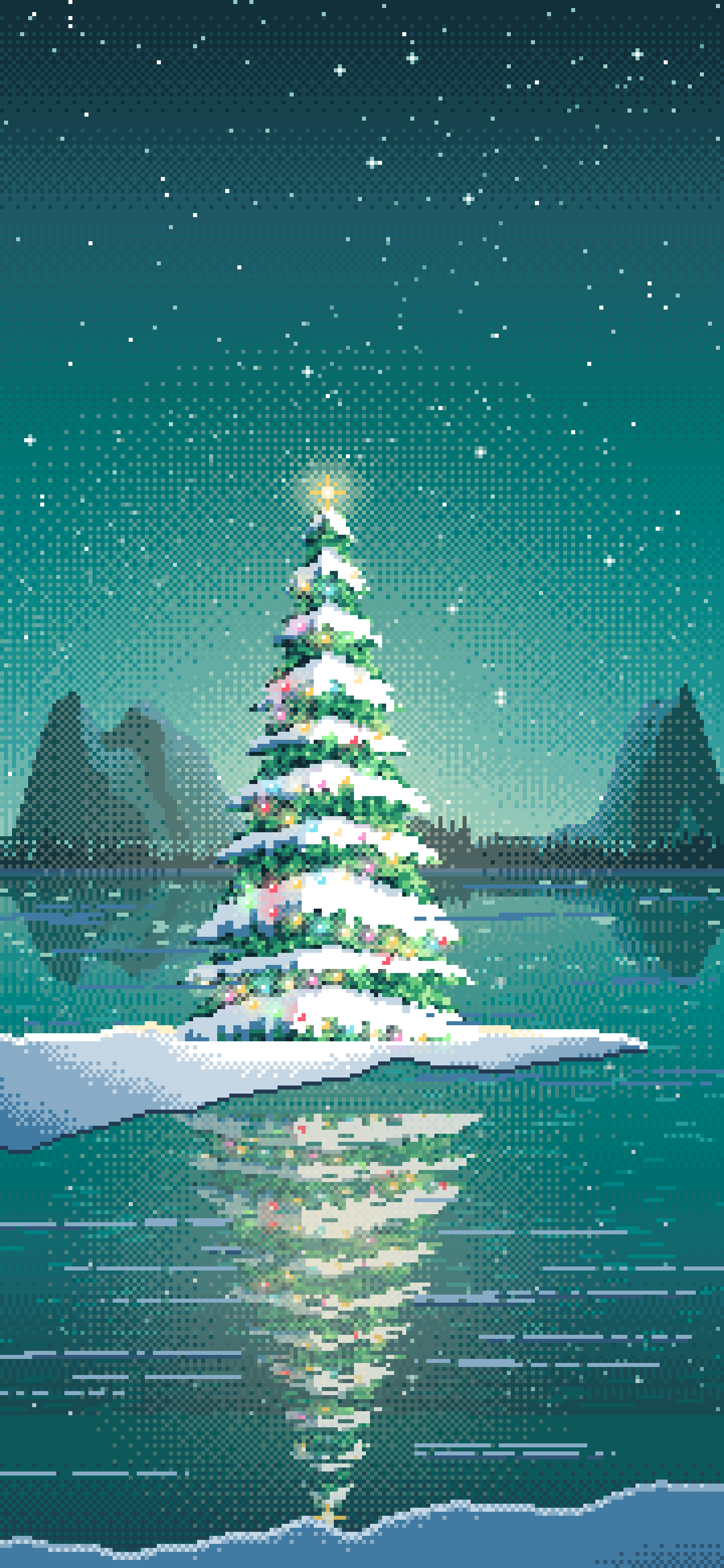 Teal Pixel Art Christmas Tree by a Frozen Lake wallpaper for iPhone and Android