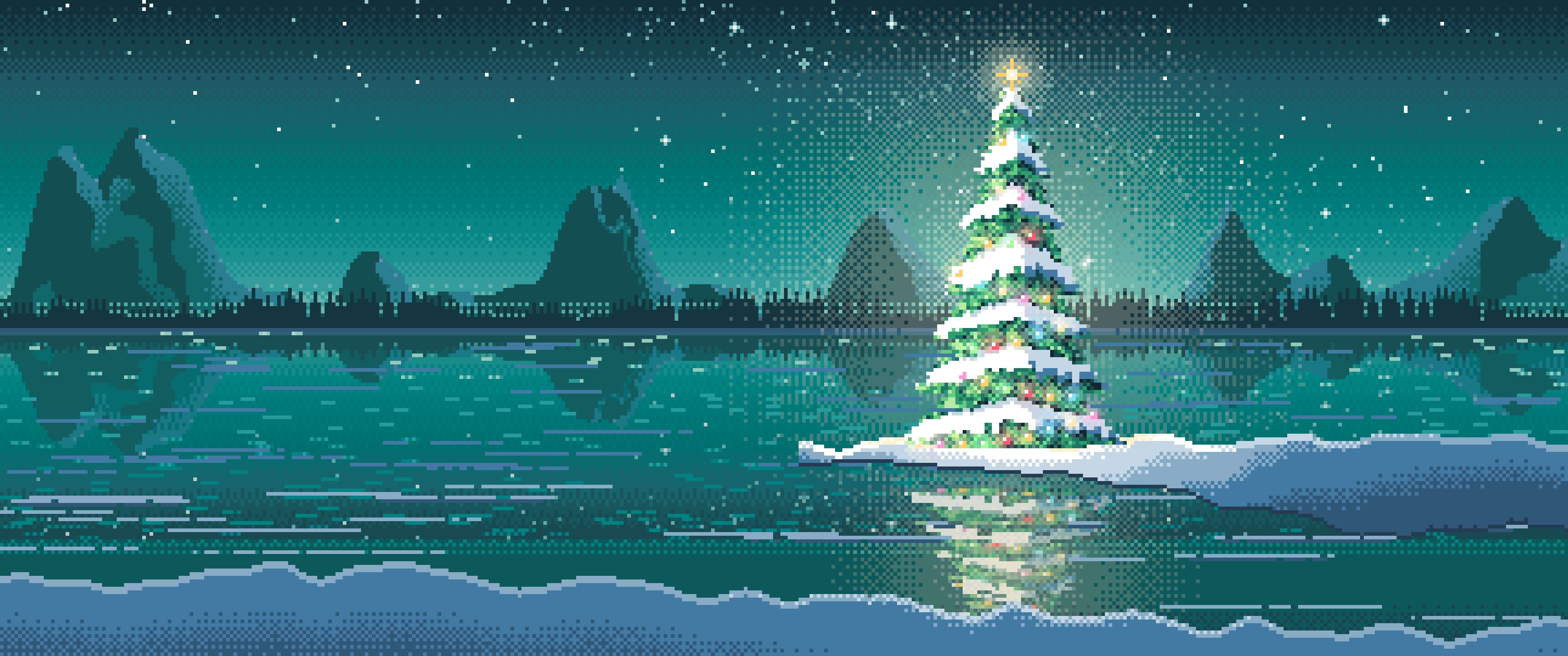 Teal Pixel Art Christmas Tree by a Frozen Lake ultrawide wallpaper, 3440 × 1440