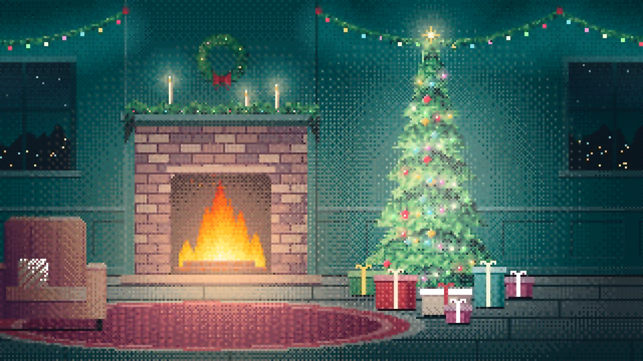 Teal Pixel Art Christmas Tree by the Fireplace desktop wallpaper in 4K