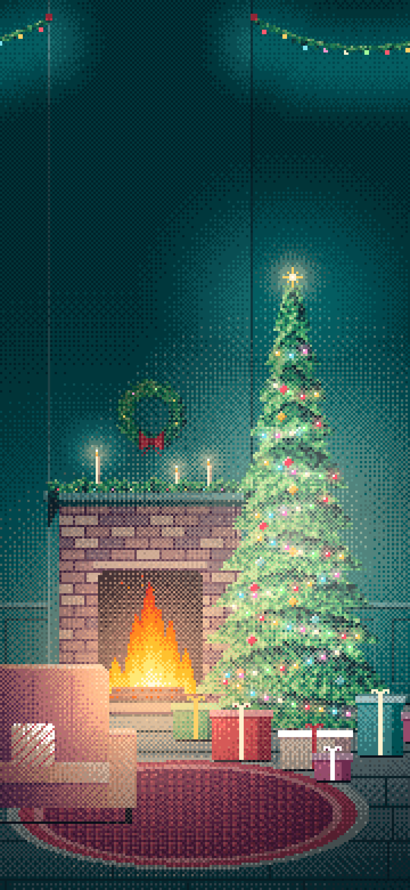Teal Pixel Art Christmas Tree by the Fireplace wallpaper for iPhone and Android