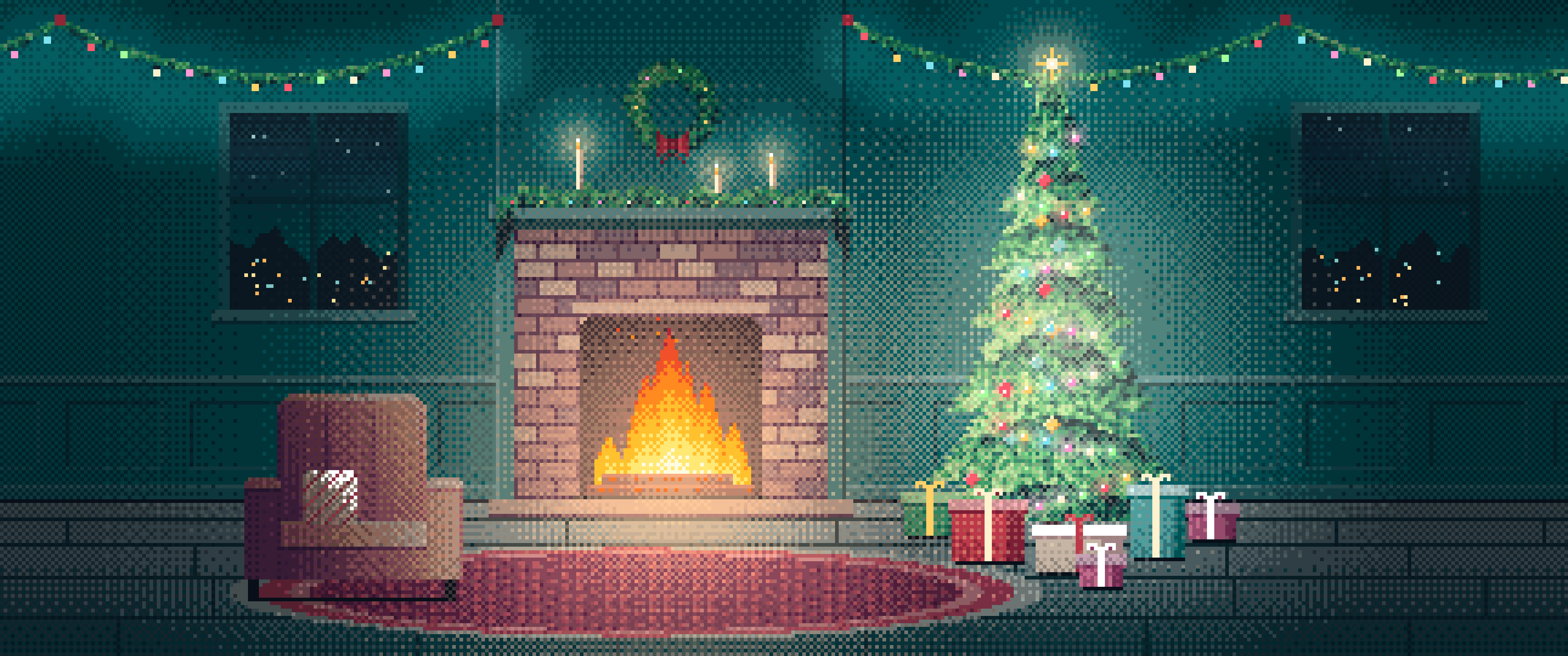 Teal Pixel Art Christmas Tree by the Fireplace ultrawide wallpaper, 3440 × 1440