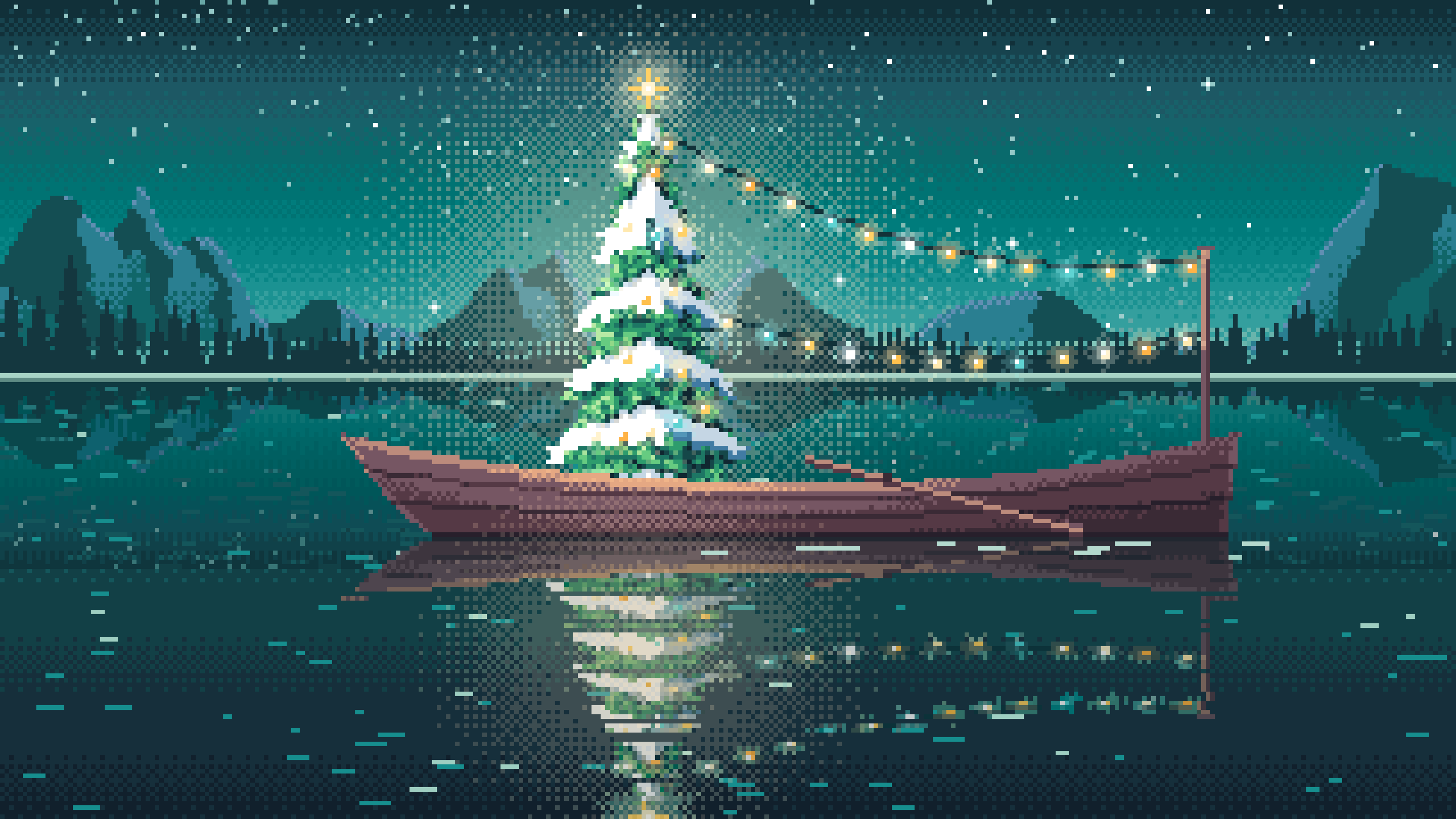 Teal Pixel Art Christmas Tree in a Rowboat on a Lake desktop wallpaper in 4K