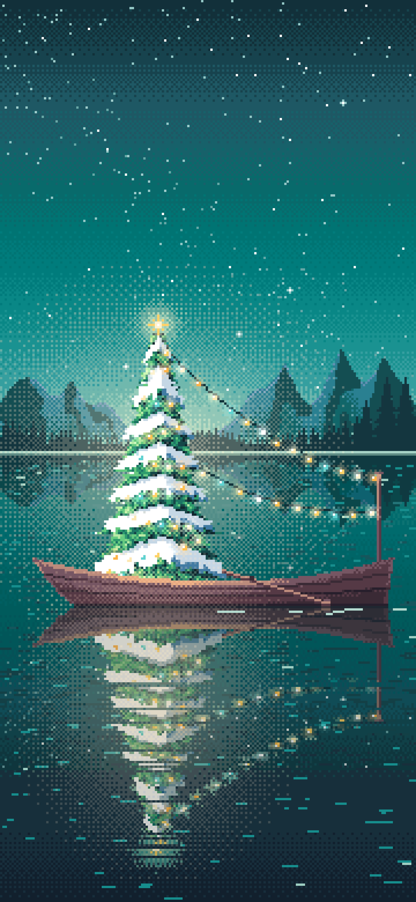 Teal Pixel Art Christmas Tree in a Rowboat on a Lake wallpaper for iPhone and Android
