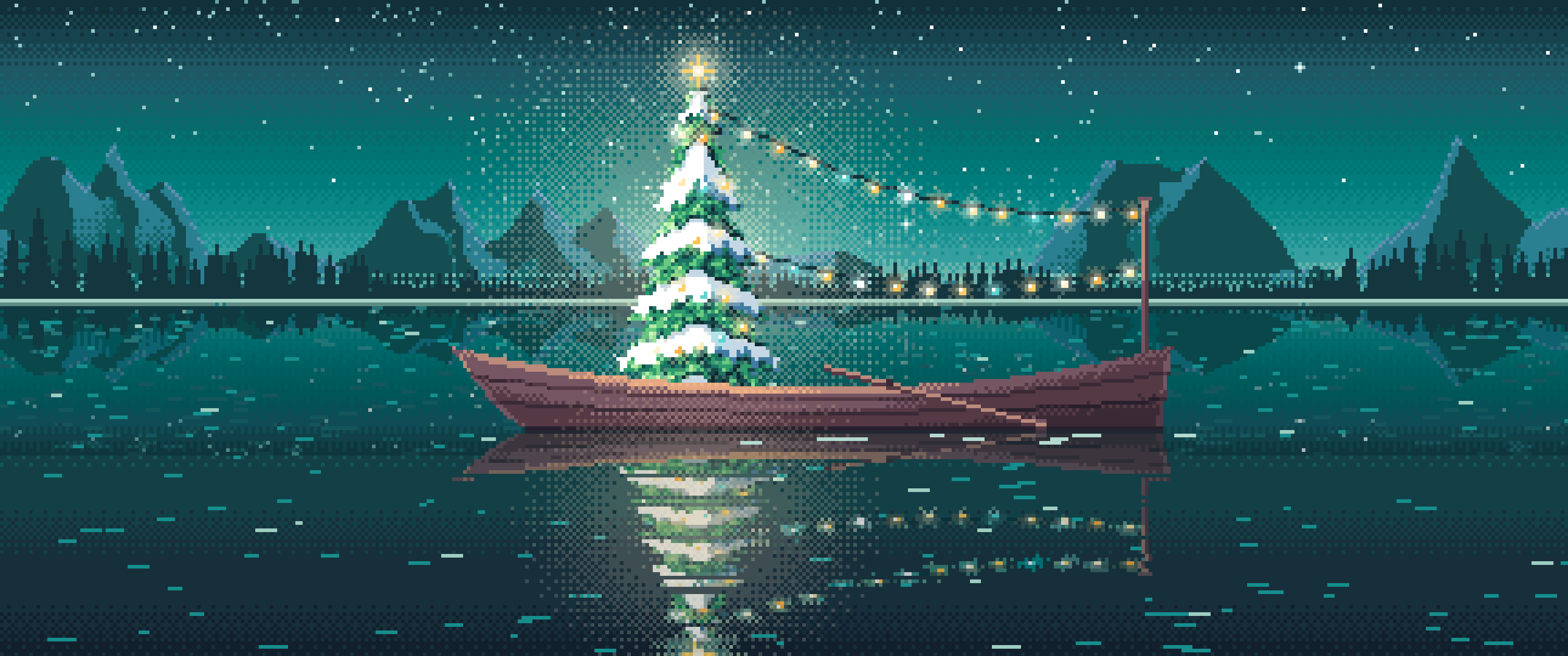 Teal Pixel Art Christmas Tree in a Rowboat on a Lake ultrawide wallpaper, 3440 × 1440