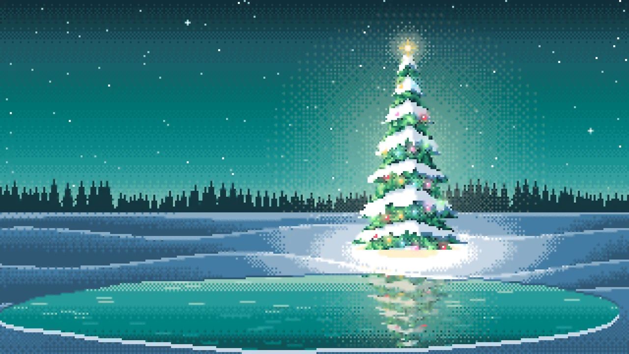 Teal Pixel Art Christmas Tree in a Snowy Field desktop wallpaper in 4K