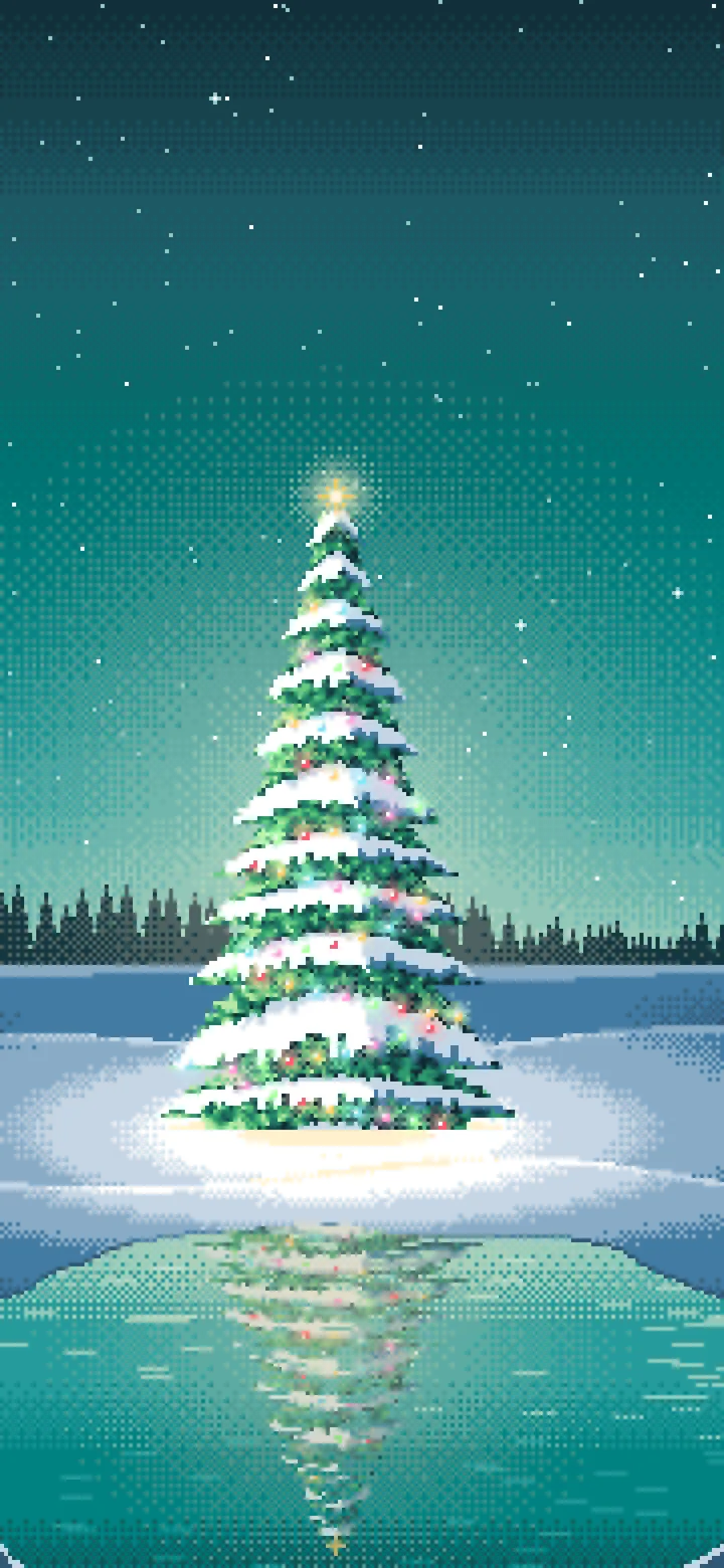 Teal Pixel Art Christmas Tree in a Snowy Field wallpaper for iPhone and Android