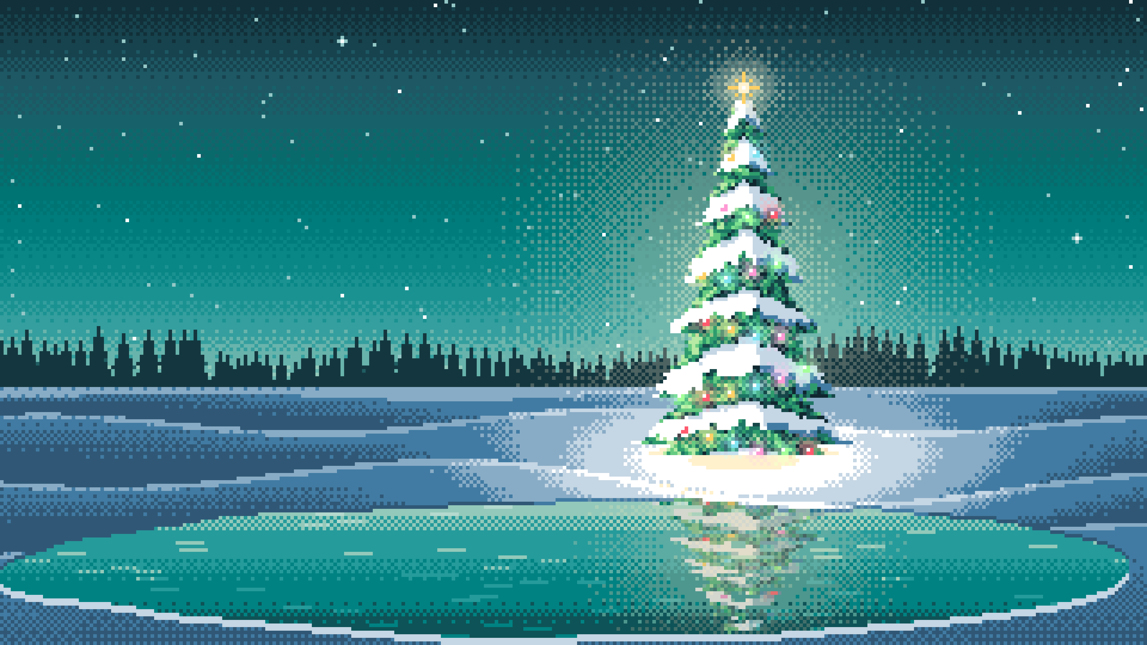 Teal Pixel Art Christmas Tree in a Snowy Field desktop wallpaper in 4K