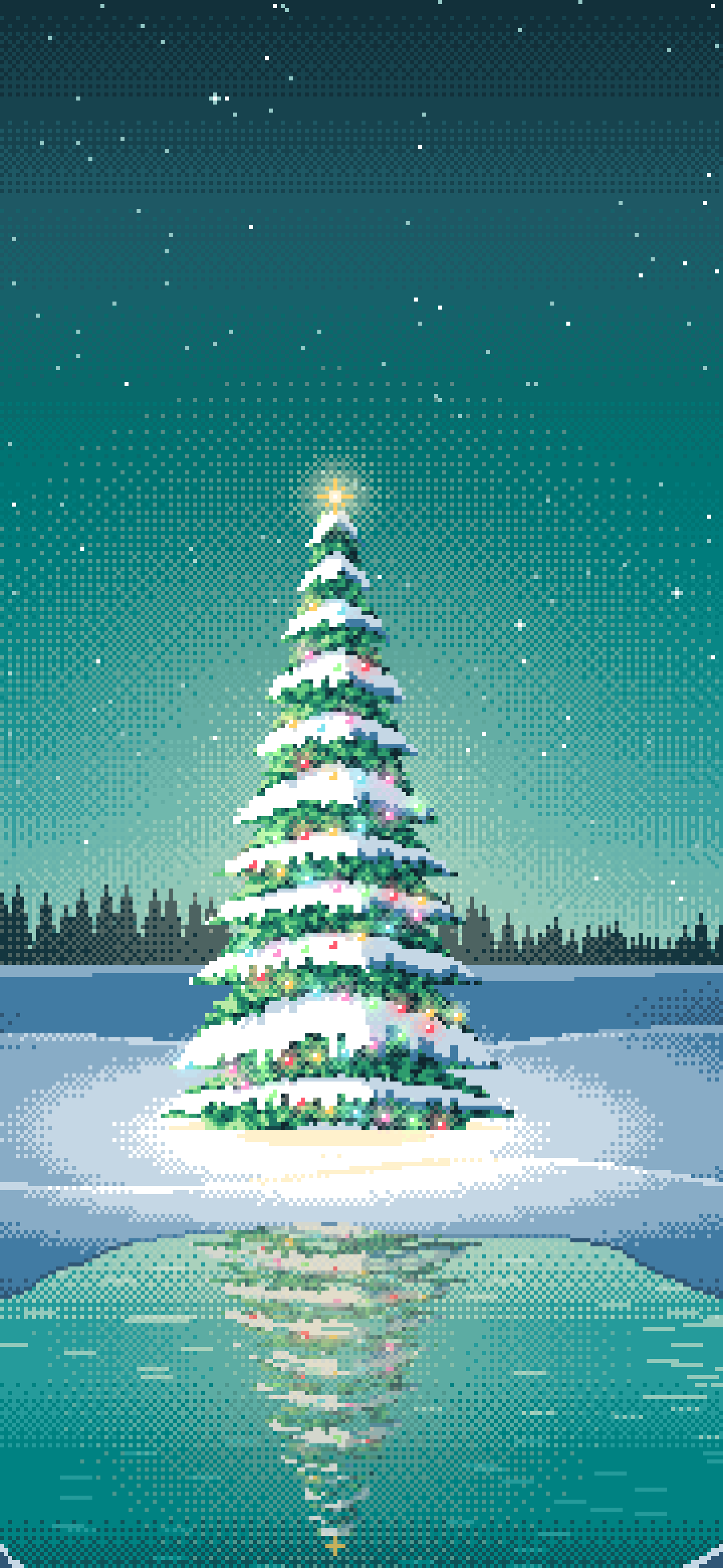 Teal Pixel Art Christmas Tree in a Snowy Field wallpaper for iPhone and Android