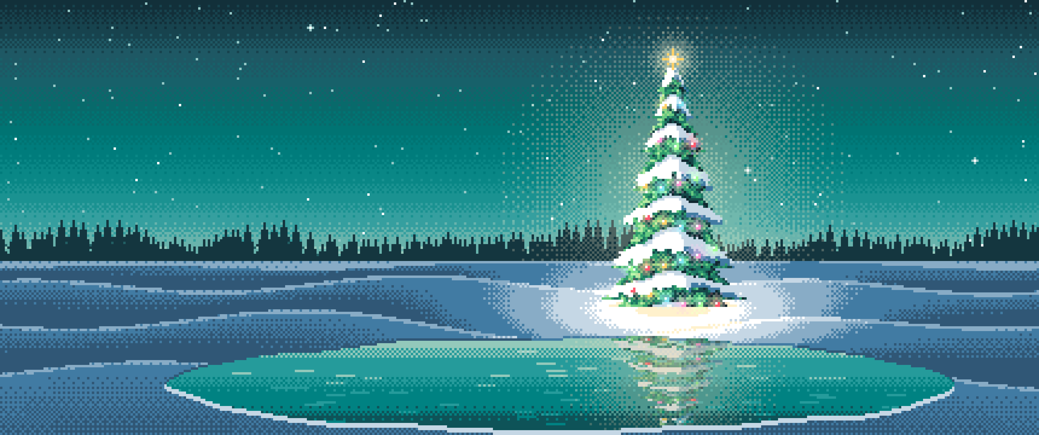 Teal Pixel Art Christmas Tree in a Snowy Field ultrawide wallpaper, 3440 × 1440