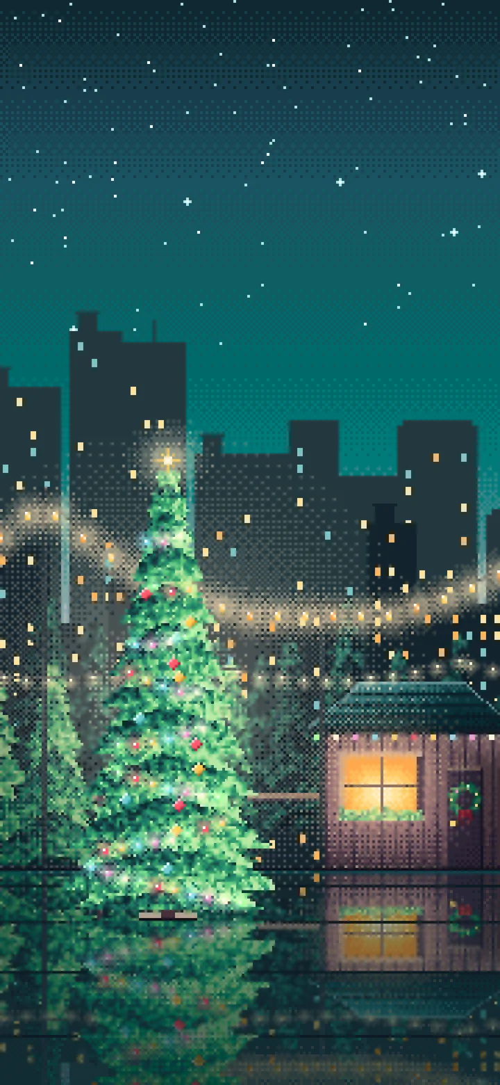 Teal Pixel Art Christmas Tree Lot at Night wallpaper for iPhone and Android