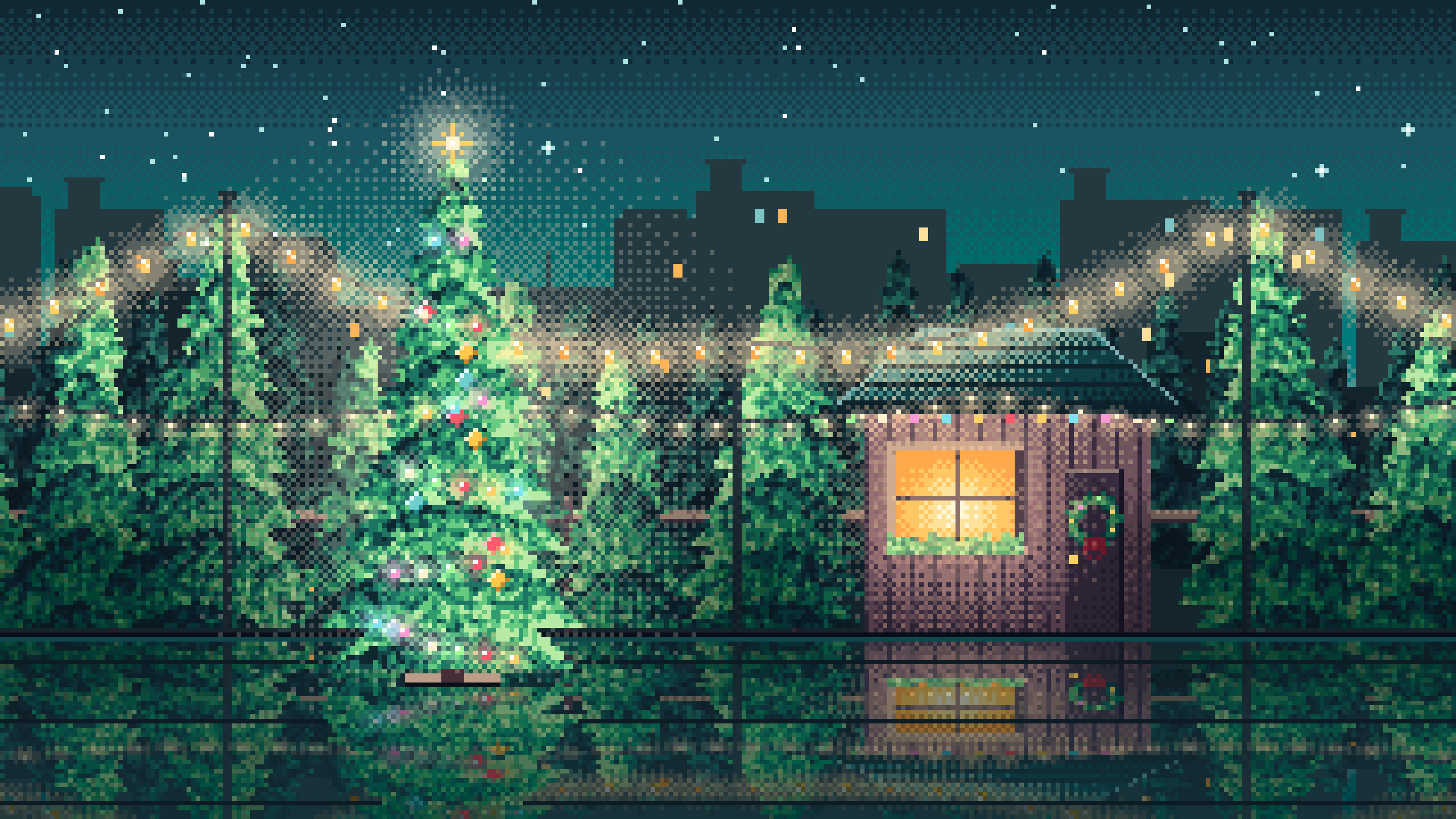 Teal Pixel Art Christmas Tree Lot at Night desktop wallpaper in 4K