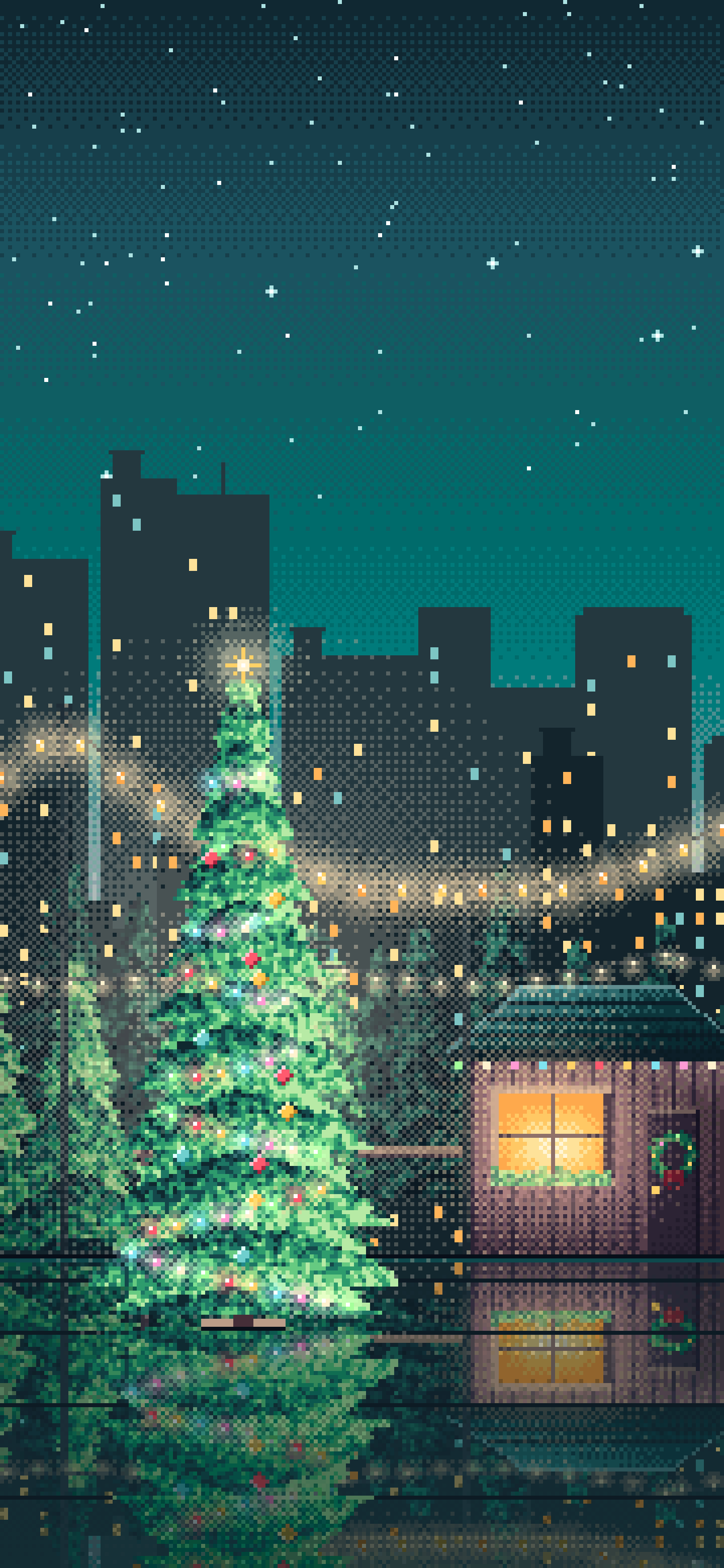 Teal Pixel Art Christmas Tree Lot at Night wallpaper for iPhone and Android