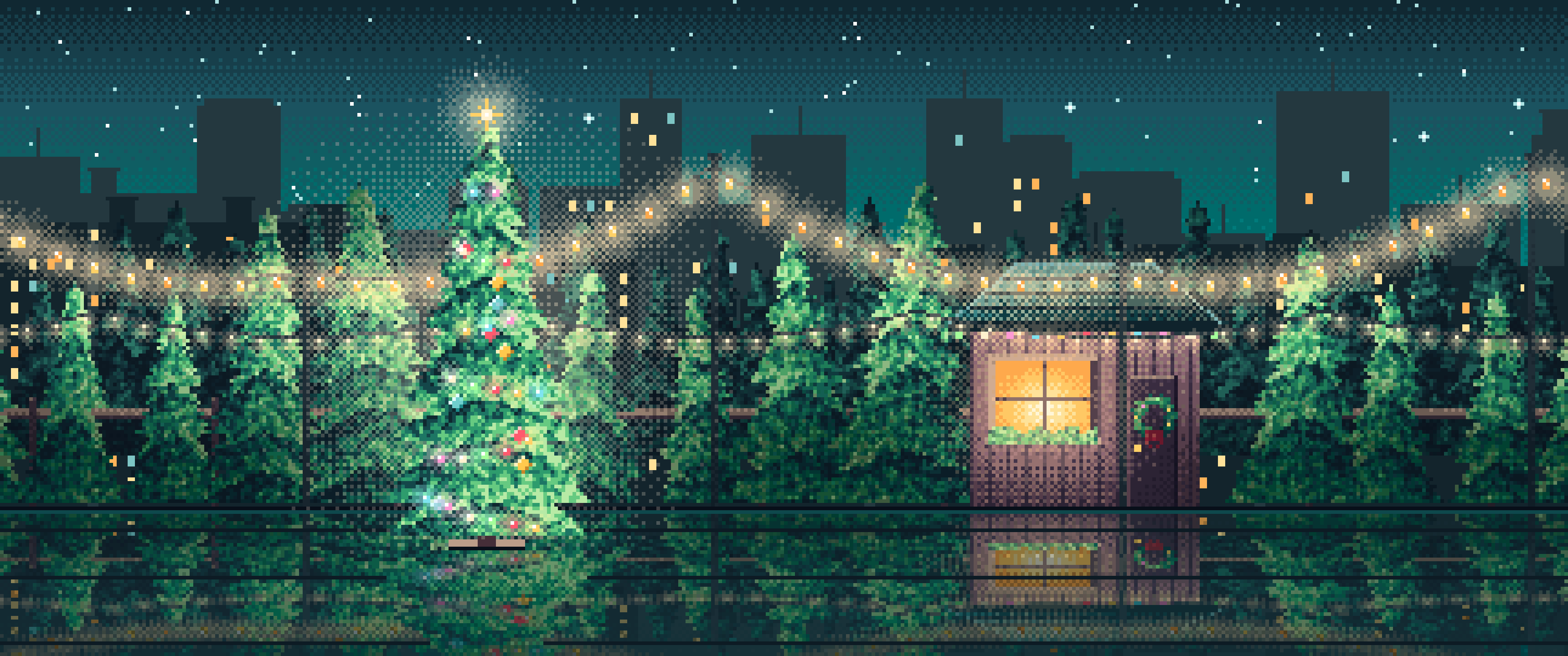 Teal Pixel Art Christmas Tree Lot at Night ultrawide wallpaper, 3440 × 1440