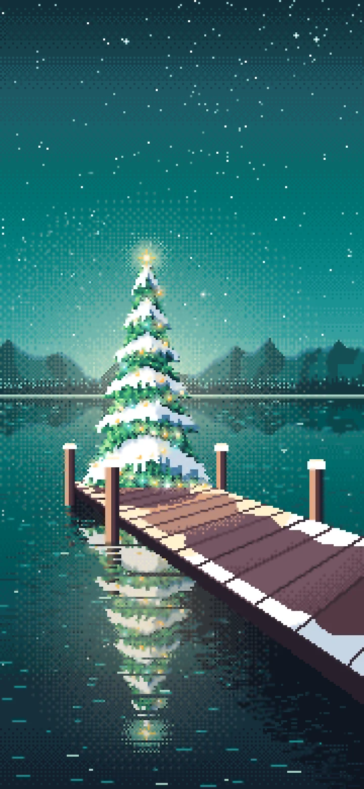 Teal Pixel Art Christmas Tree on a Lake Jetty wallpaper for iPhone and Android