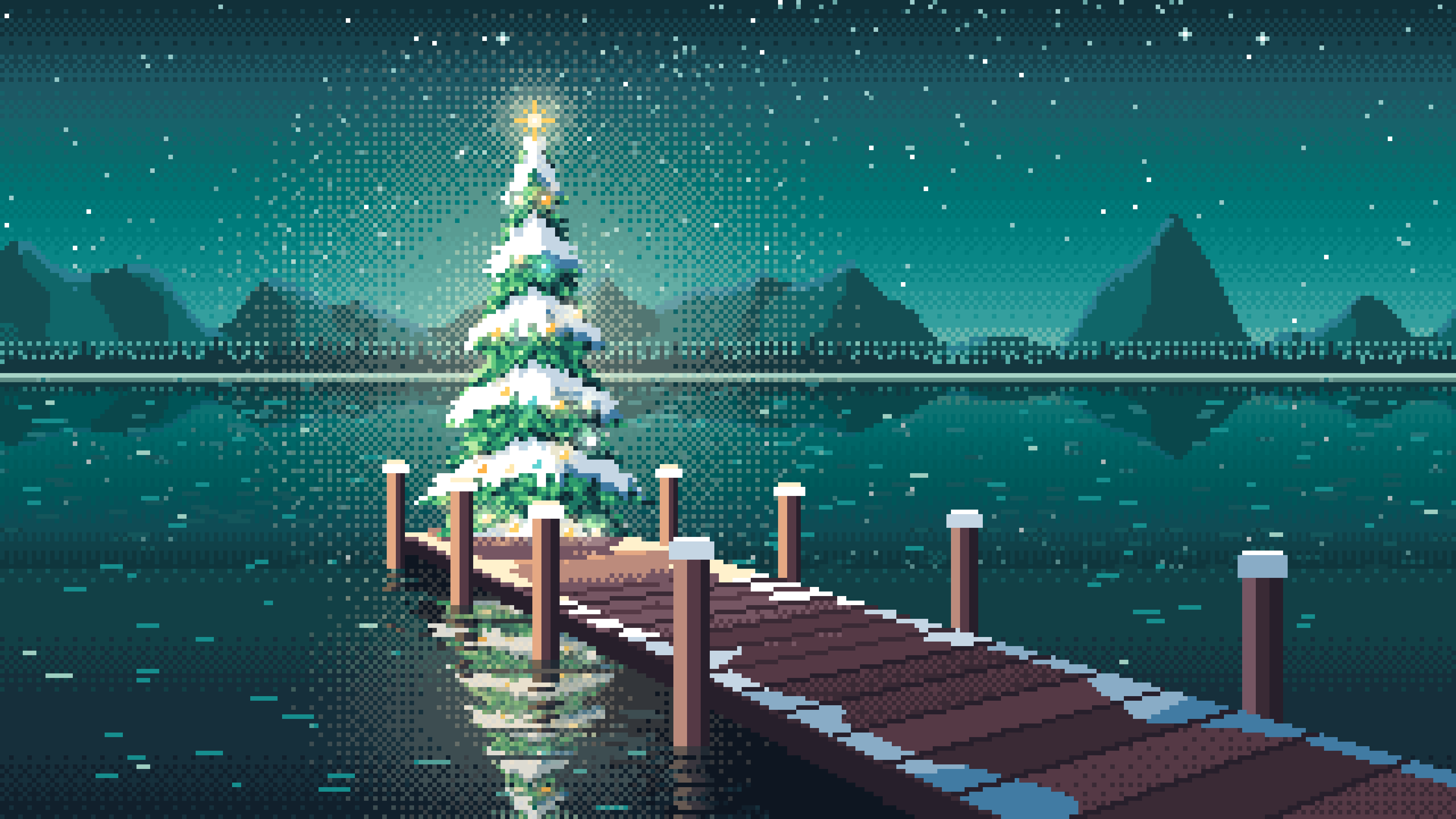Teal Pixel Art Christmas Tree on a Lake Jetty desktop wallpaper in 4K