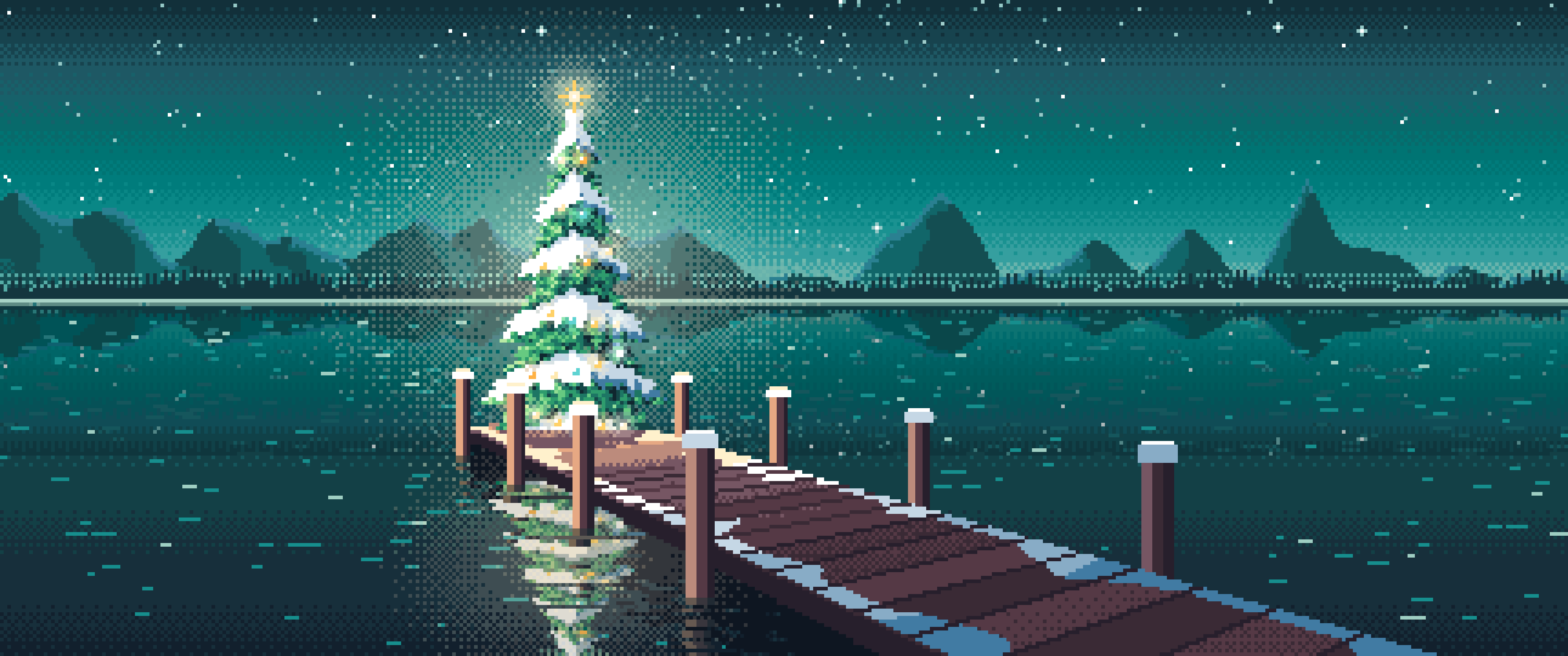 Teal Pixel Art Christmas Tree on a Lake Jetty ultrawide wallpaper, 3440 × 1440