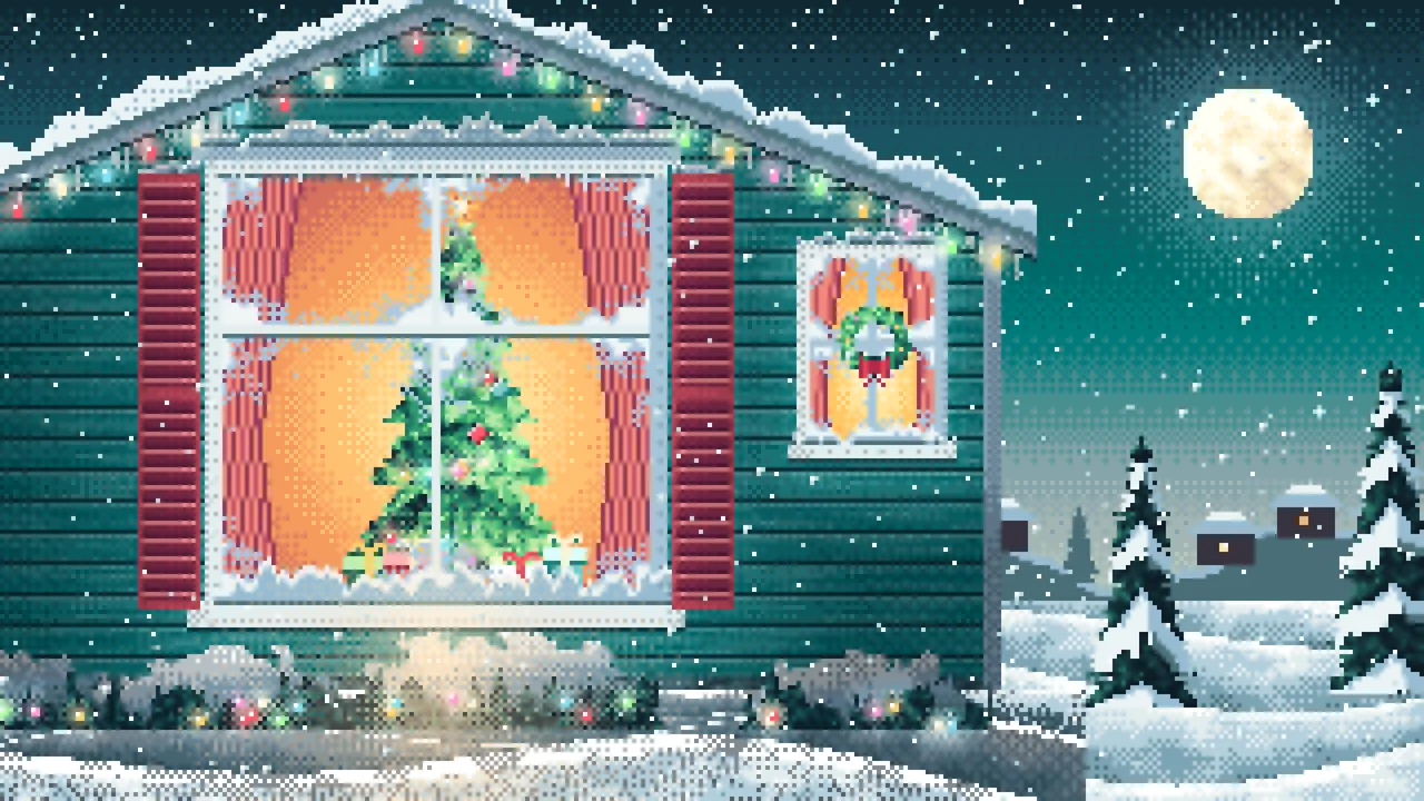 Teal Pixel Art Christmas Tree Through a Frosted Window desktop wallpaper in 4K