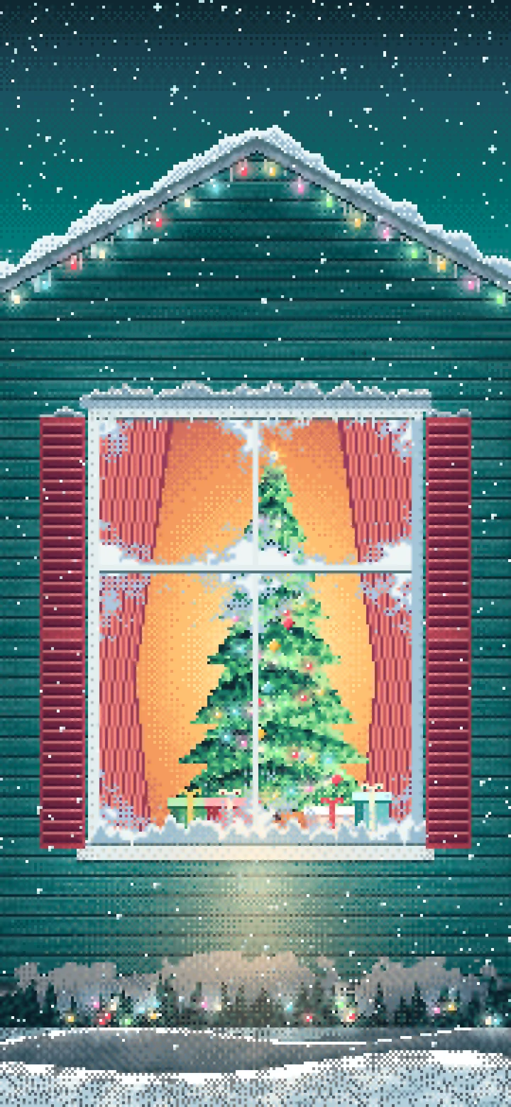 Teal Pixel Art Christmas Tree Through a Frosted Window wallpaper for iPhone and Android
