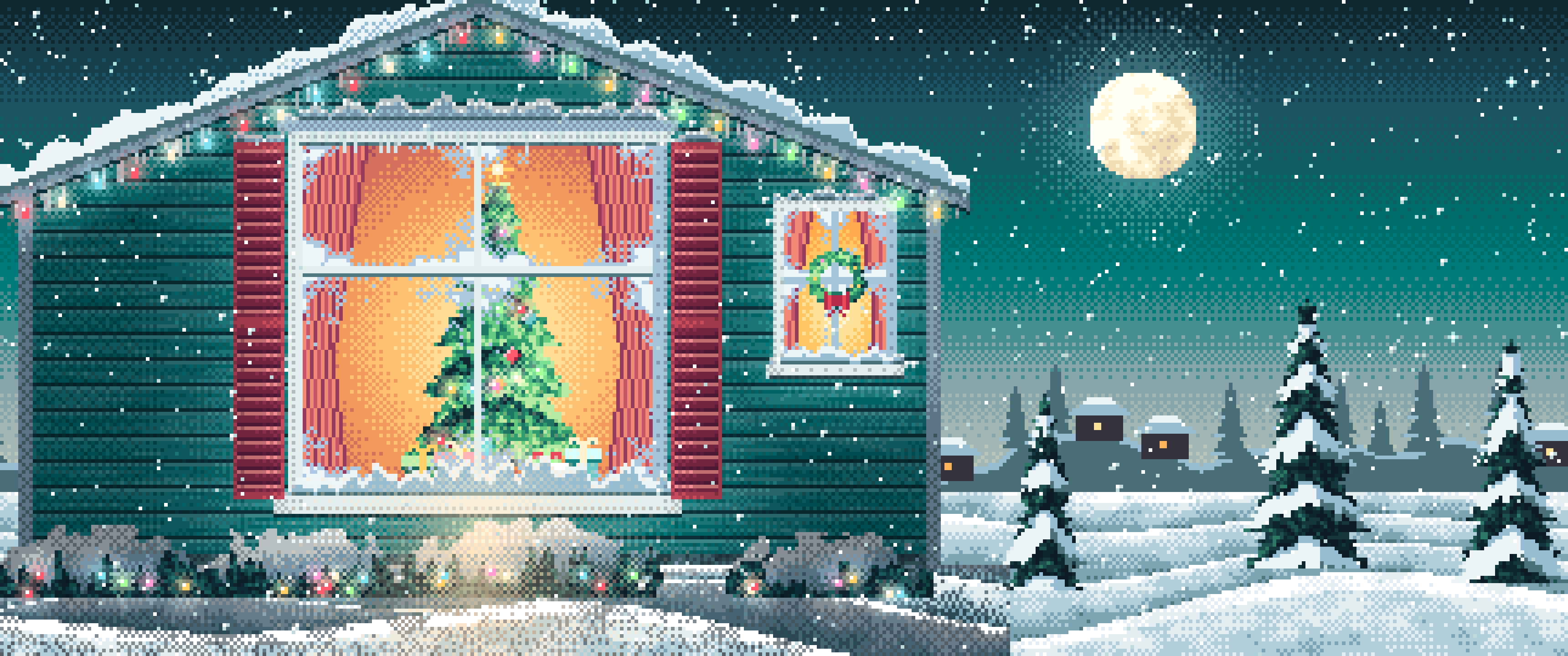 Teal Pixel Art Christmas Tree Through a Frosted Window ultrawide wallpaper, 3440 × 1440