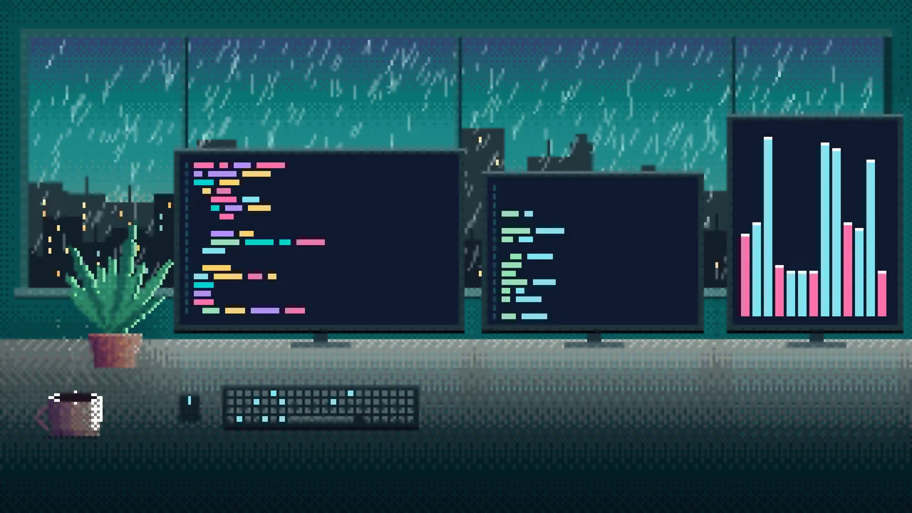 Teal Pixel Art Coding Desk desktop wallpaper in 4K