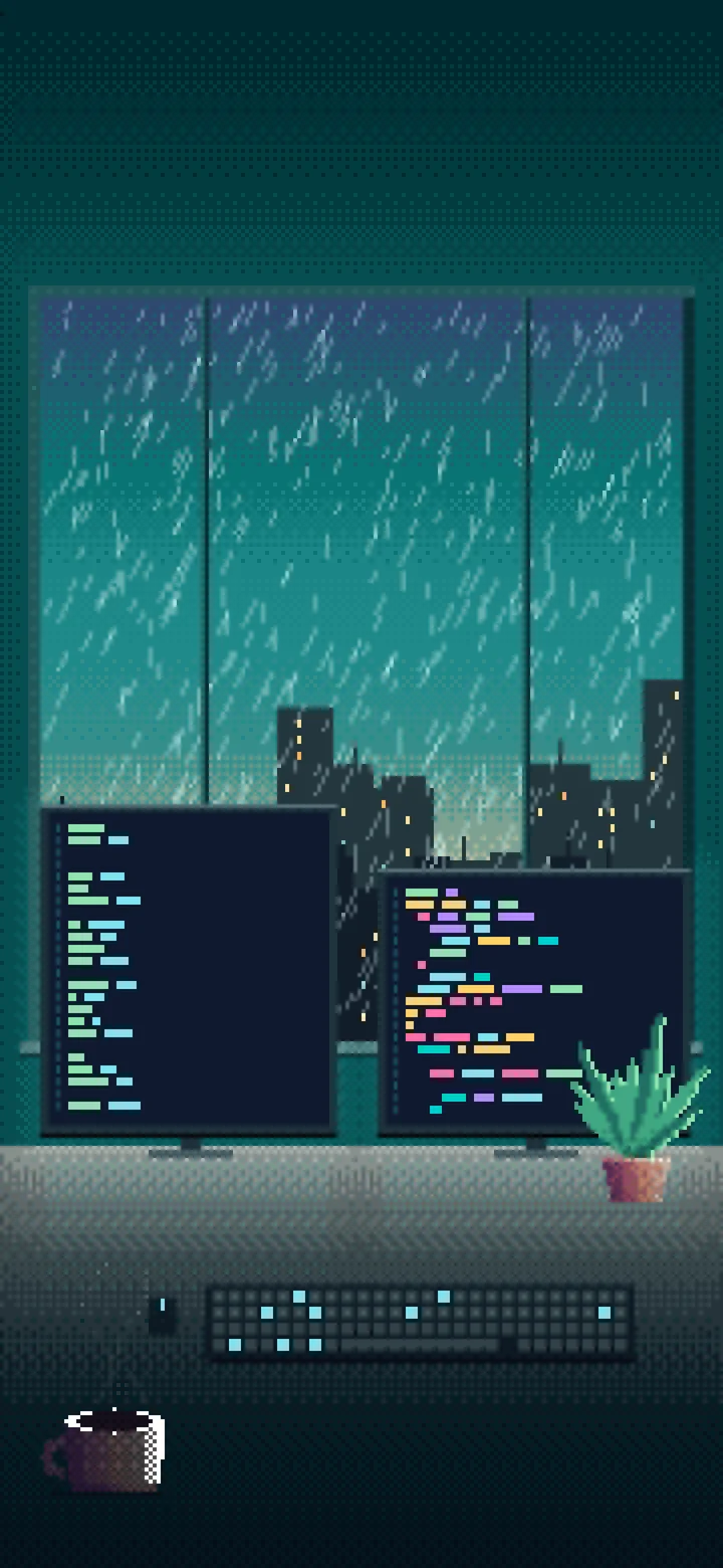 Teal Pixel Art Coding Desk wallpaper for iPhone and Android