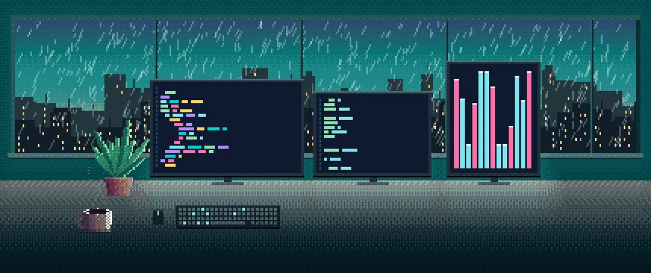 Teal Pixel Art Coding Desk ultrawide wallpaper, 3440 × 1440