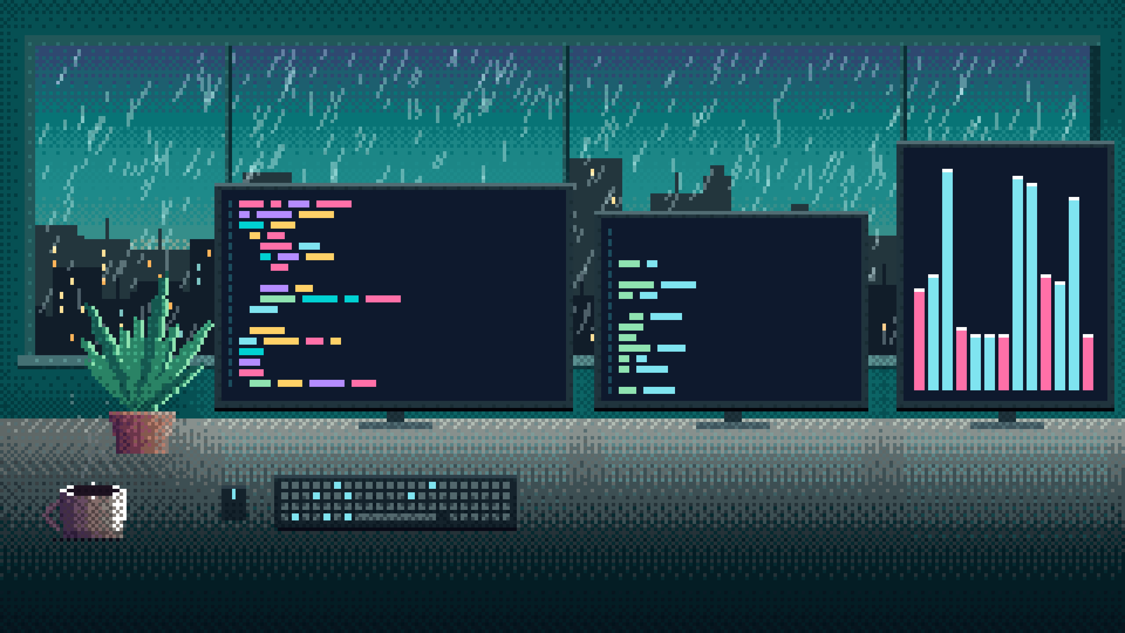 Teal Pixel Art Coding Desk desktop wallpaper in 4K