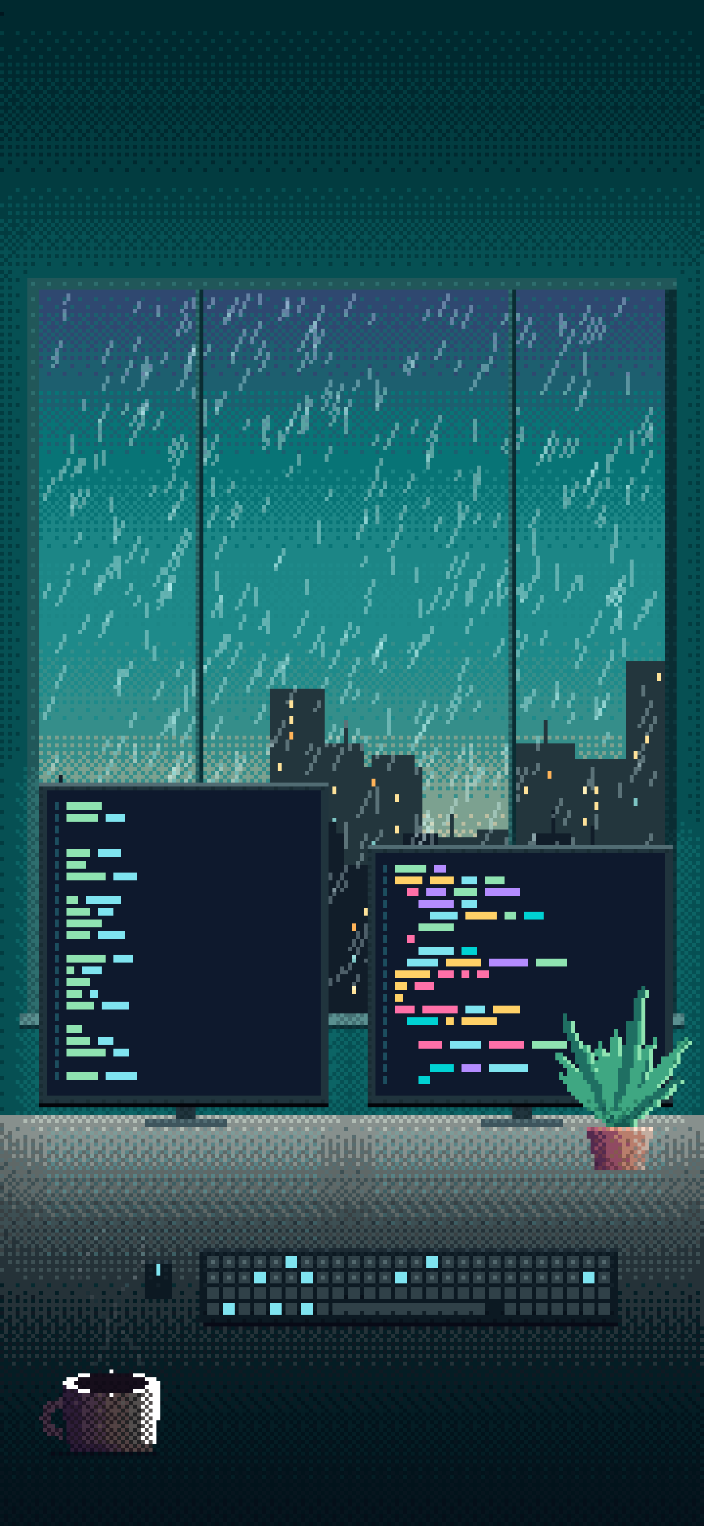 Teal Pixel Art Coding Desk wallpaper for iPhone and Android