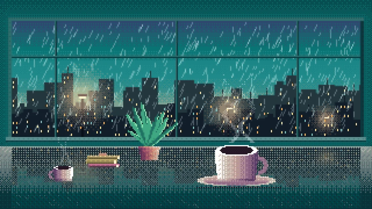 Teal Pixel Art Coffee by a Rainy Window desktop wallpaper in 4K