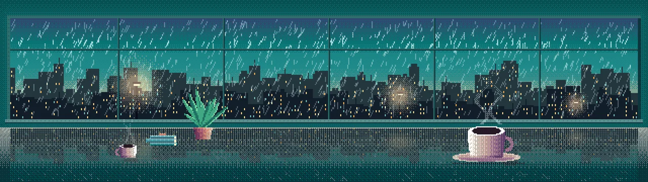 Teal Pixel Art Coffee by a Rainy Window dual monitor wallpaper, 7680 × 2160