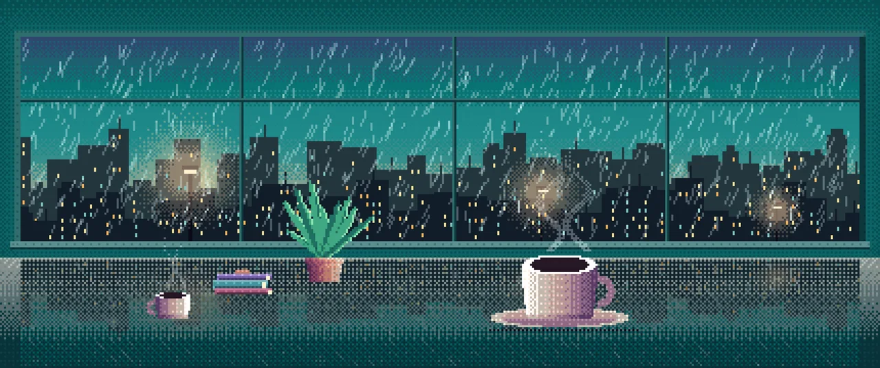 Teal Pixel Art Coffee by a Rainy Window ultrawide wallpaper, 3440 × 1440