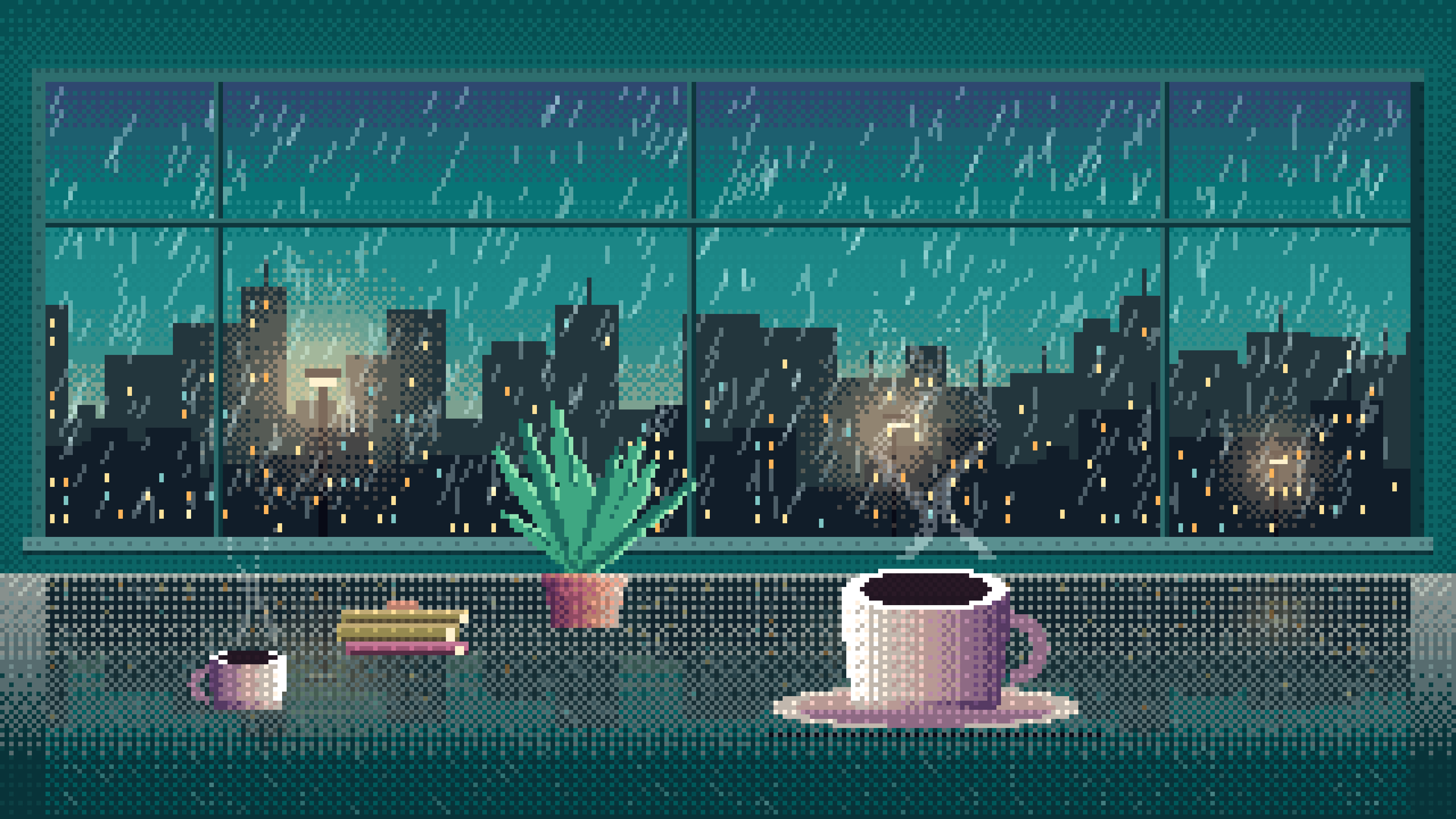 Teal Pixel Art Coffee by a Rainy Window desktop wallpaper in 4K