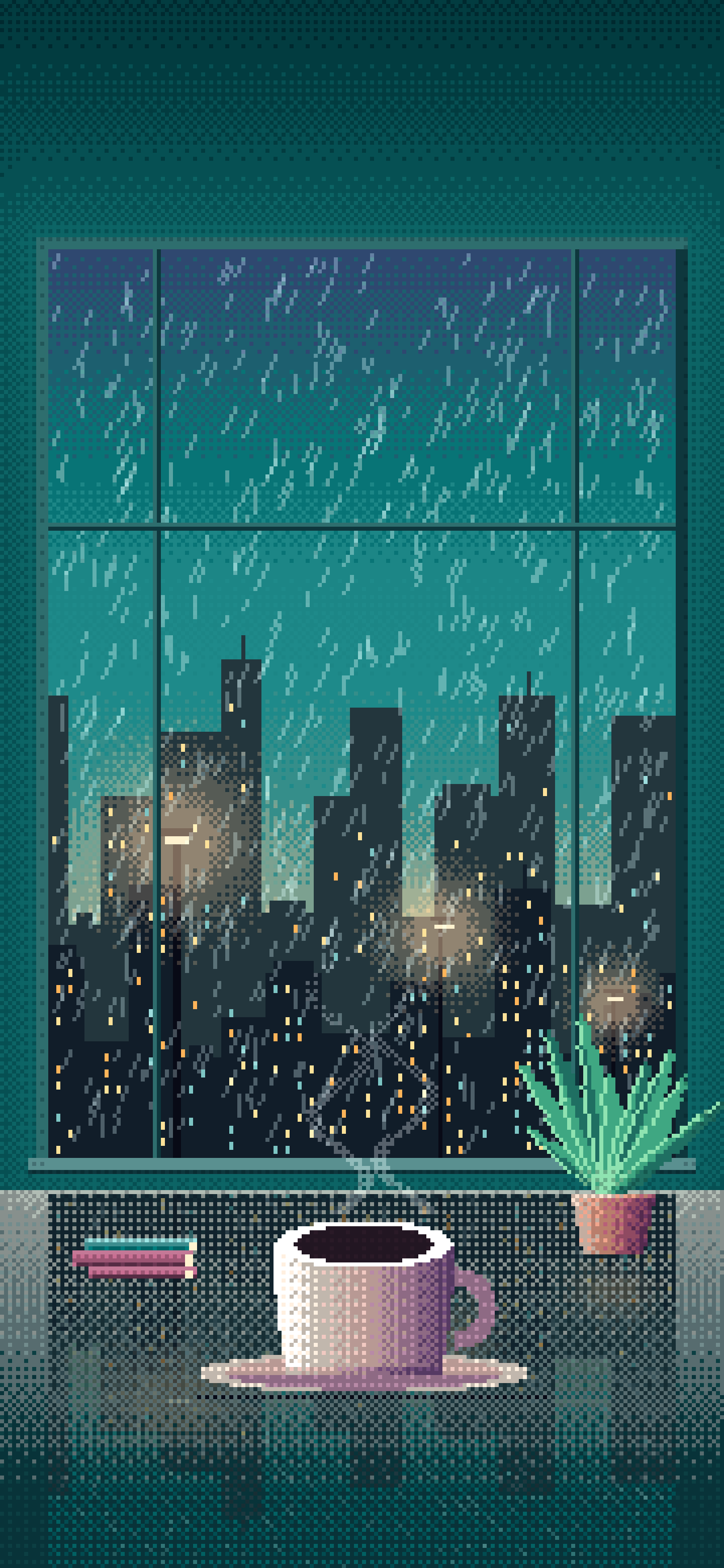 Teal Pixel Art Coffee by a Rainy Window wallpaper for iPhone and Android