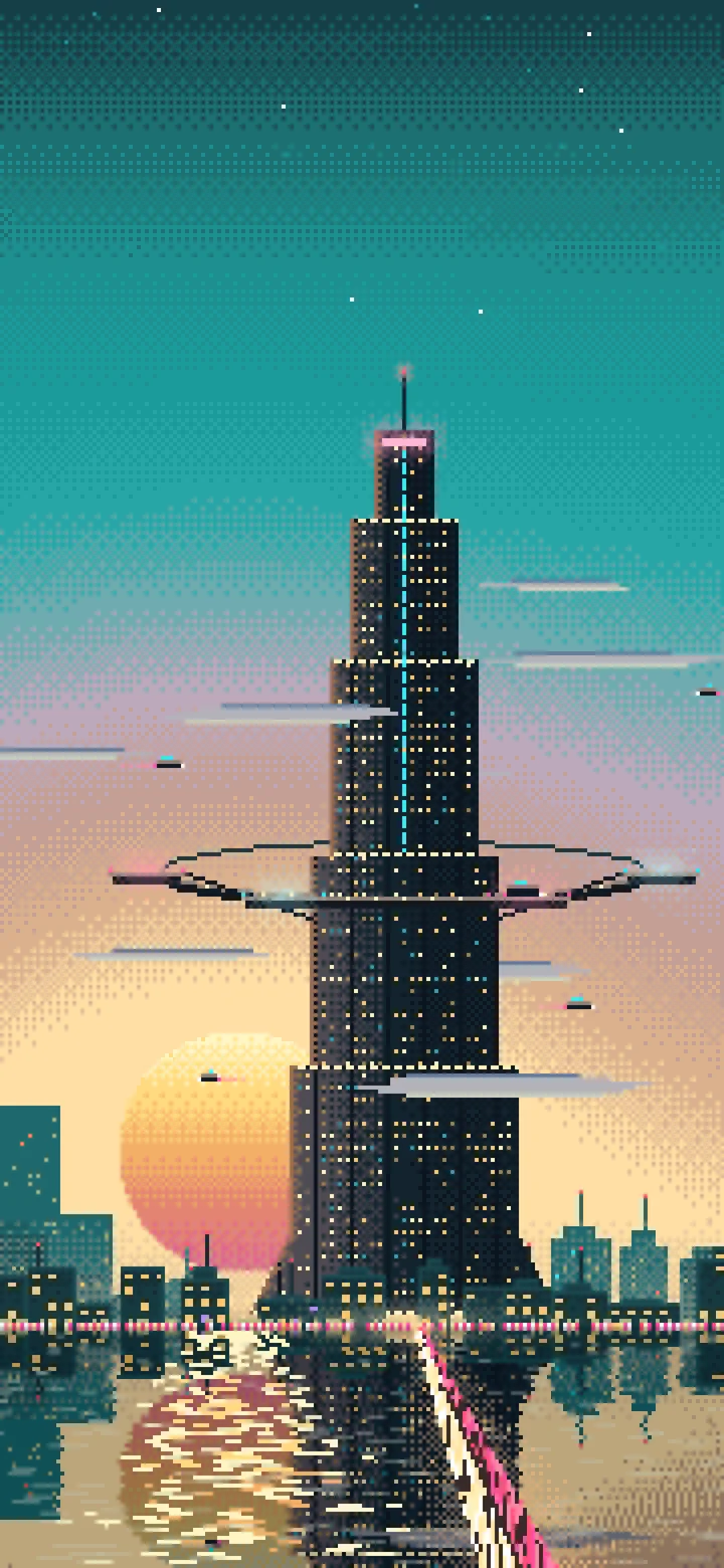 Teal Pixel Art Cyberpunk Megatower at Dusk wallpaper for iPhone and Android